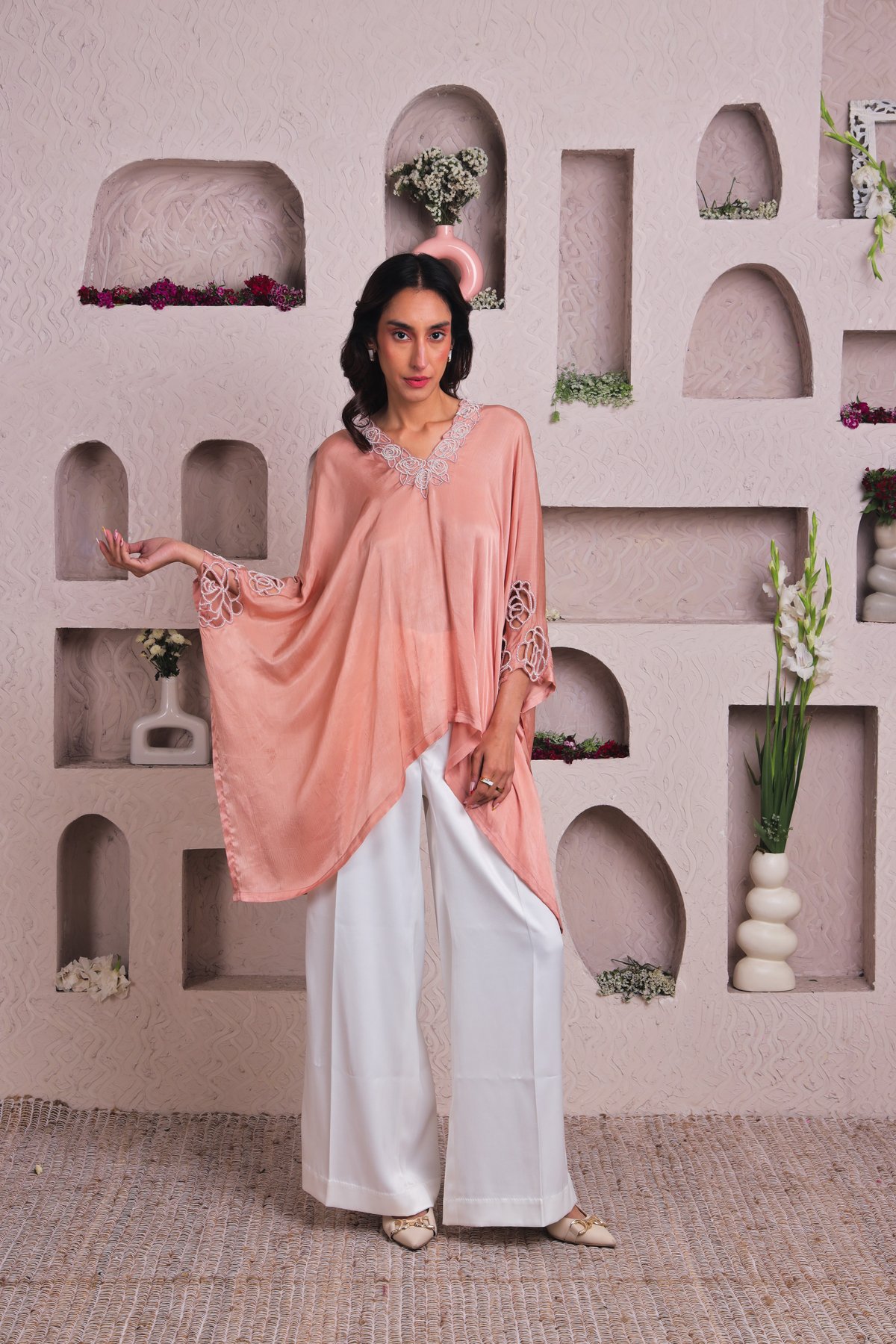 Pink Satin Kaftan with Embellished V-Neck