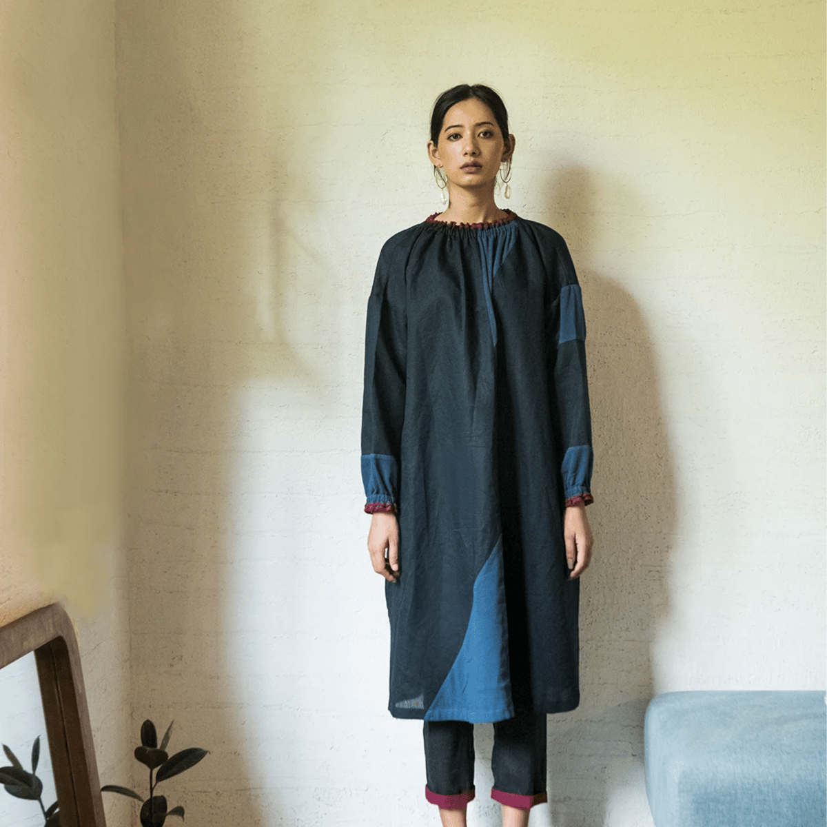 Black and Indigo Colorblocked Kurta Set with Pants
