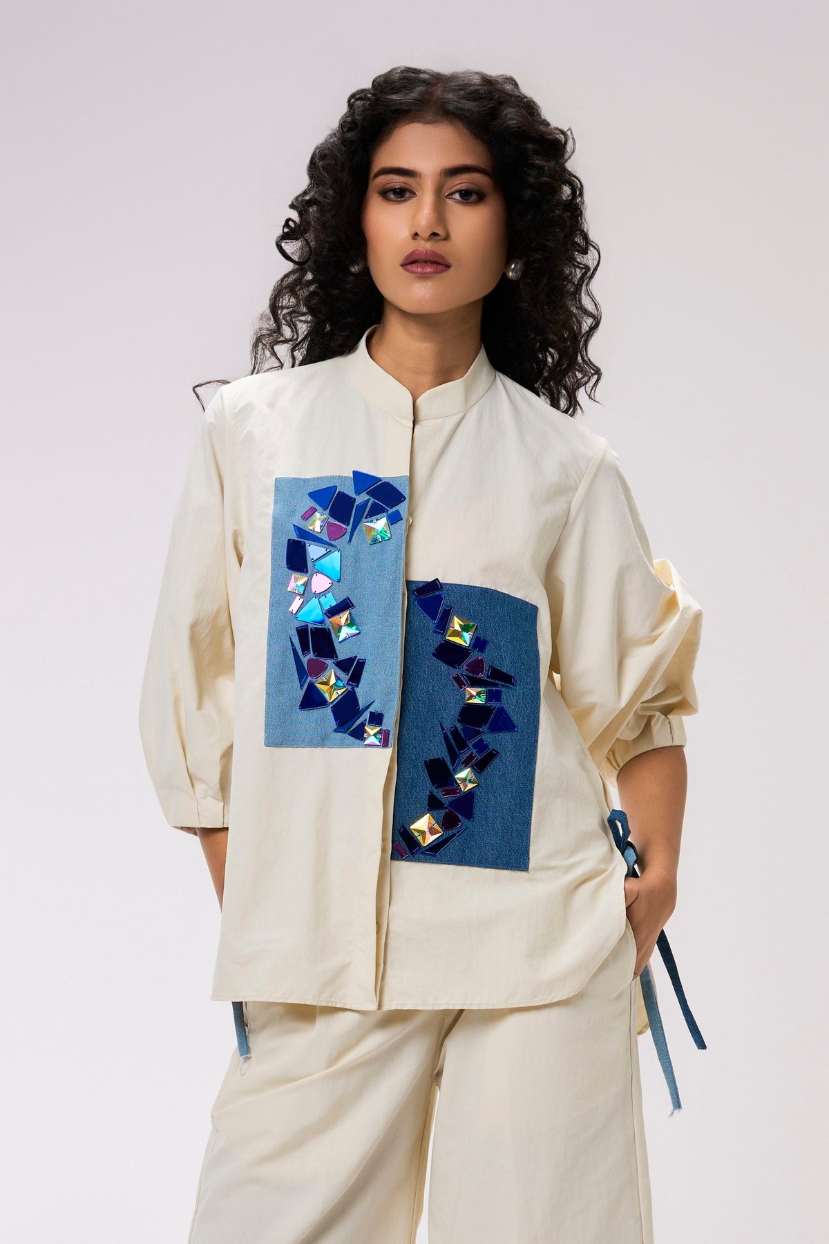 Ivory Shirt with Denim Panels and Geometric Embellishment