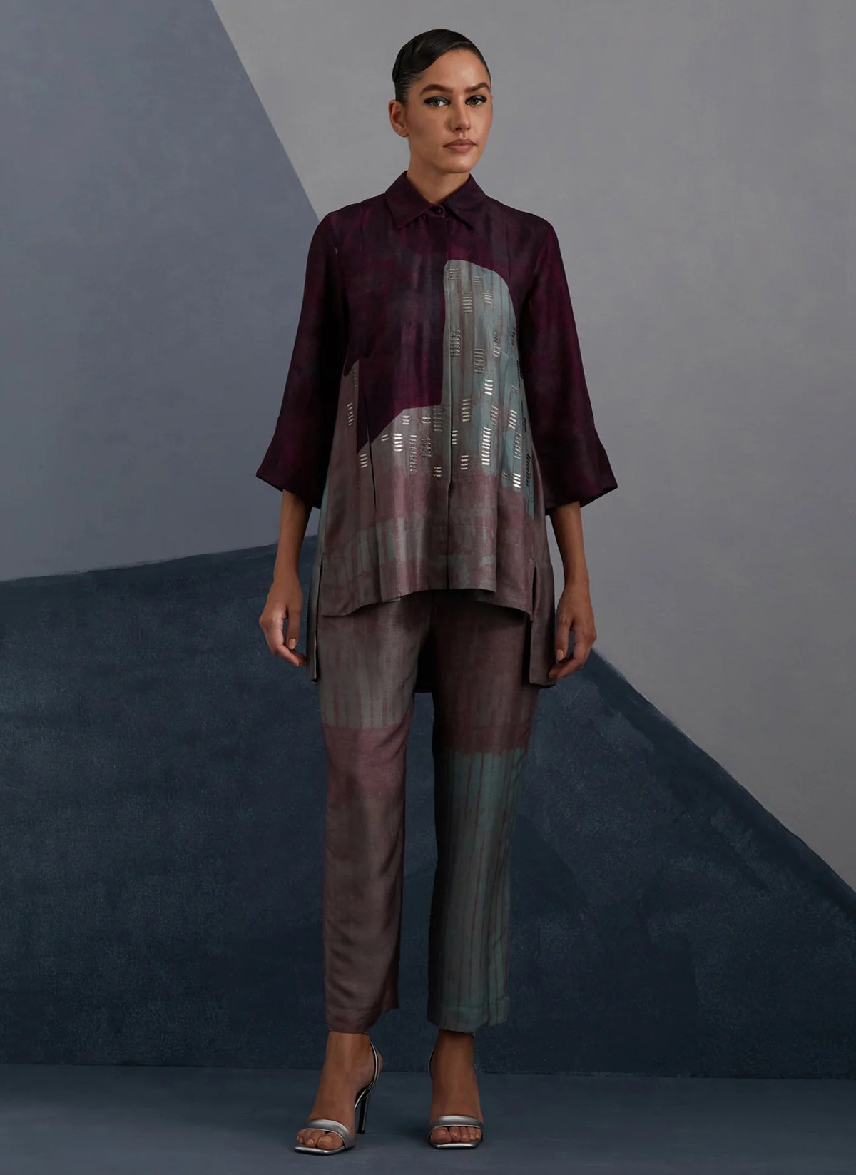 Wine Dupion Silk Colorblocked Shirt and Pant Co-ord Set