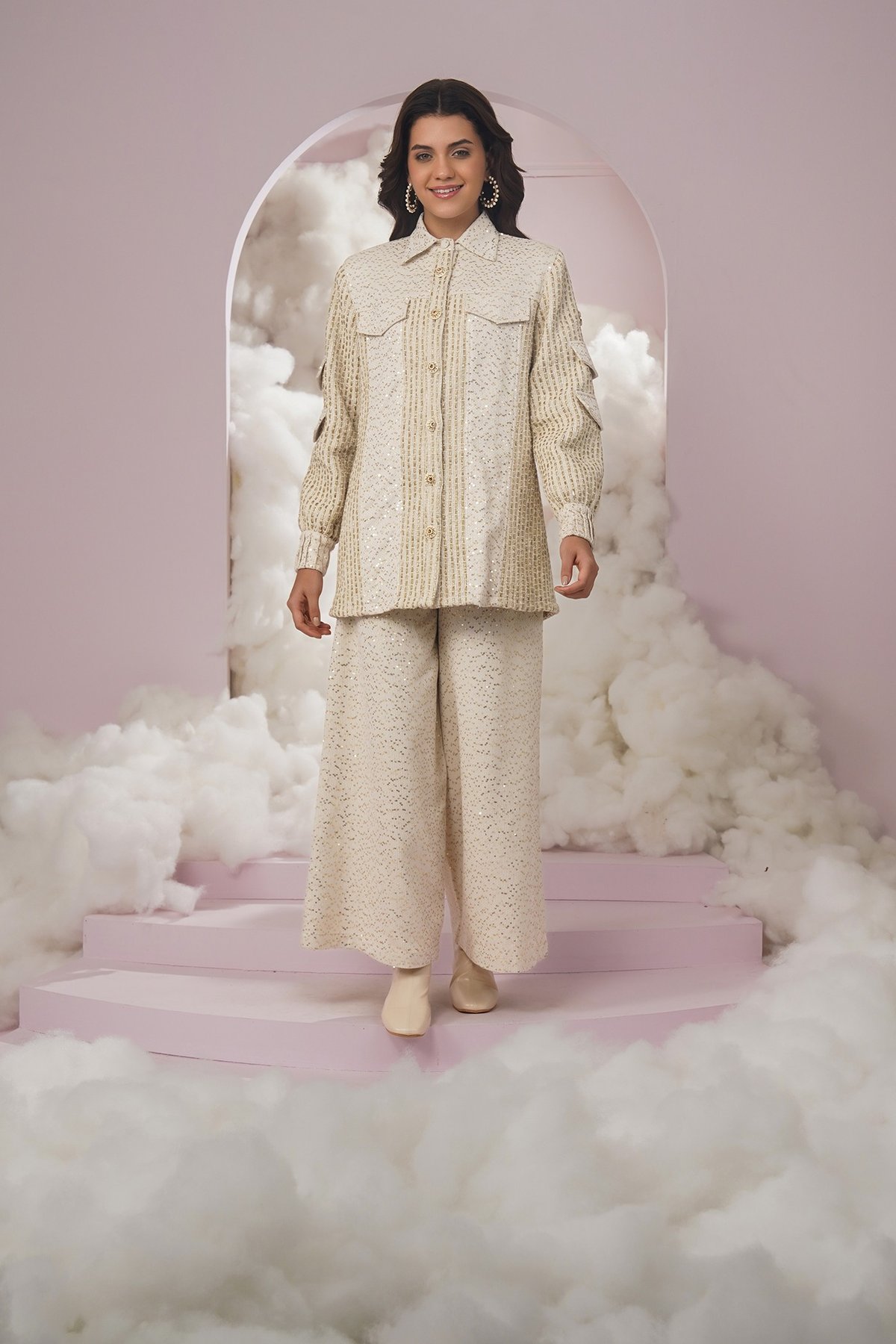 Ivory Tweed Sequin-Embellished Longline Shirt