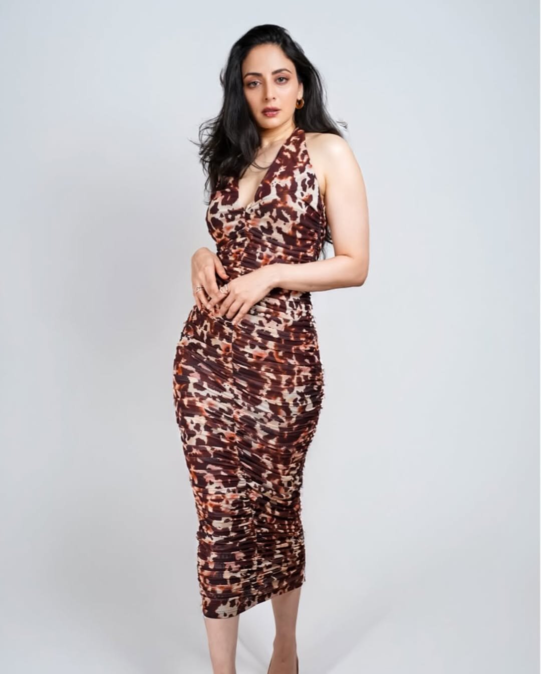 Multicolor Leopard Print Halter Neck Ruched Mesh Midi Dress