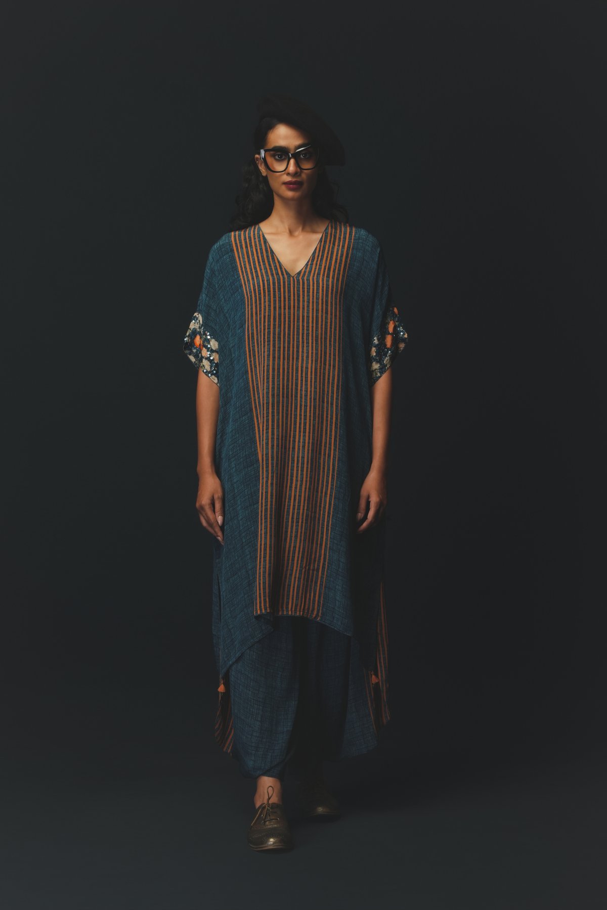 Navy Blue Kaftan and Dhoti Co-ord Set in Crepe