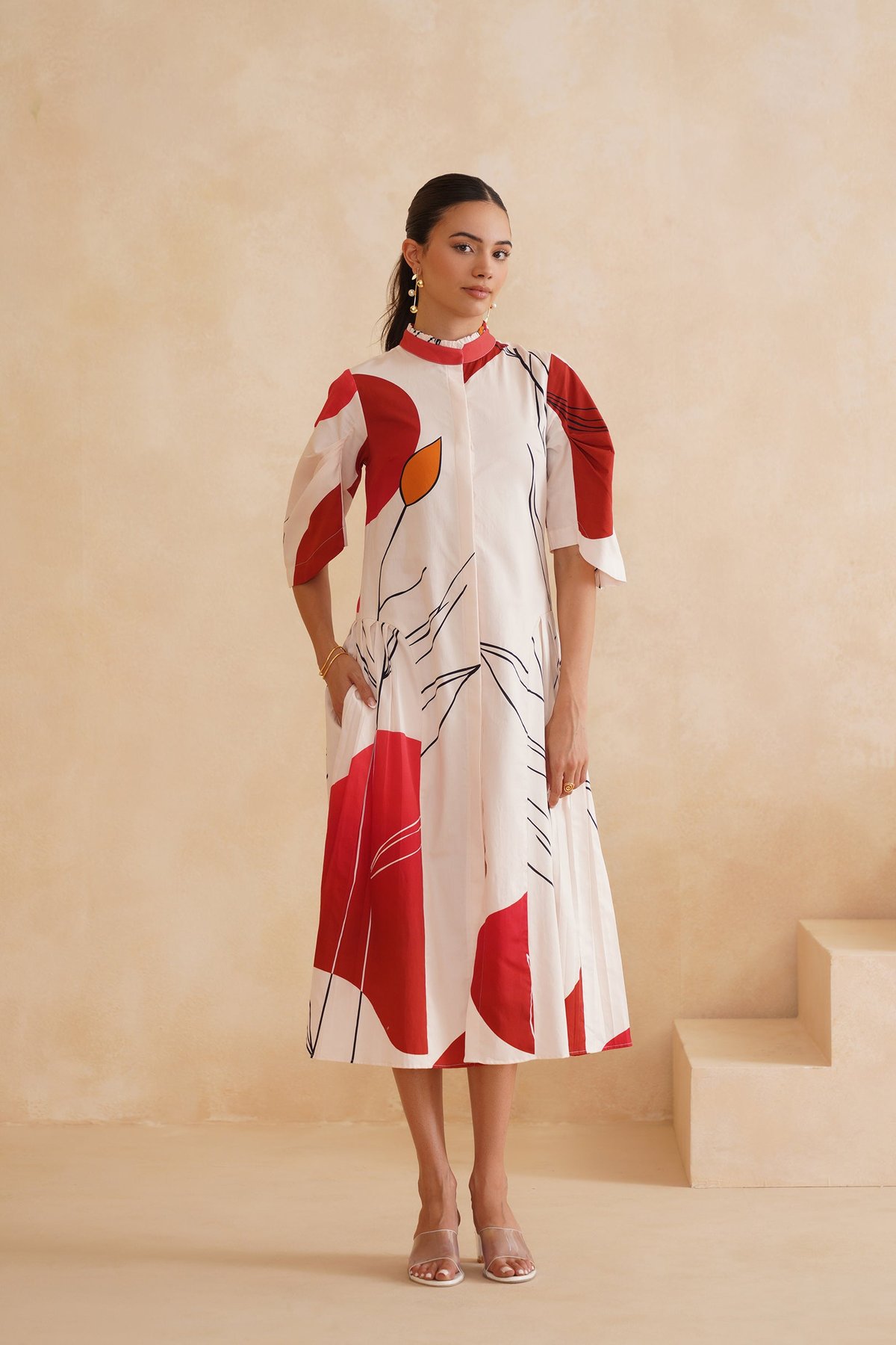 White/Red Abstract Print Fit and Flare Midi Dress