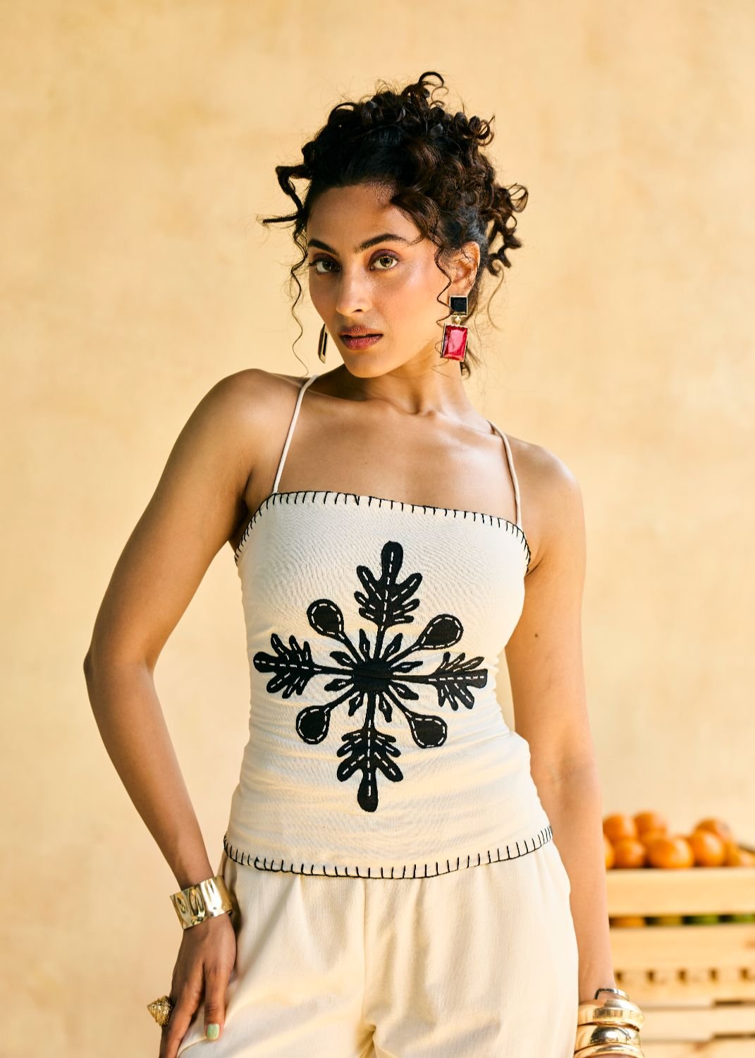 White Cotton Satin Bandeau Top with Black Embroidery