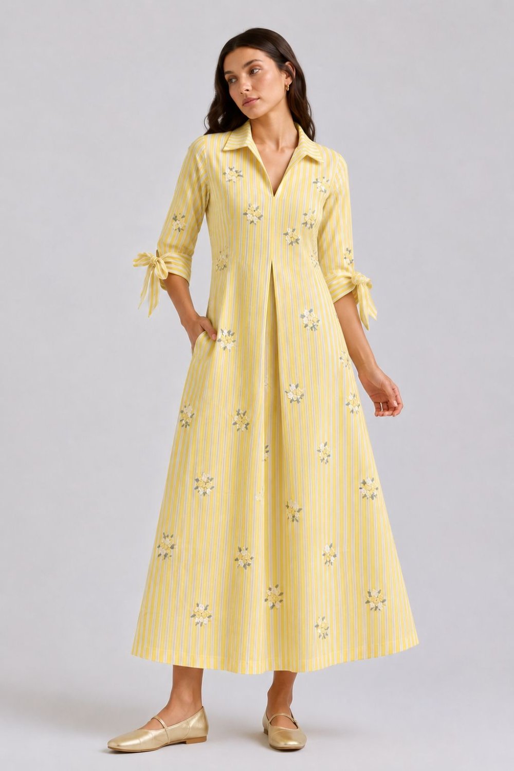 Yellow Striped Shirt Dress with Floral Embroidery