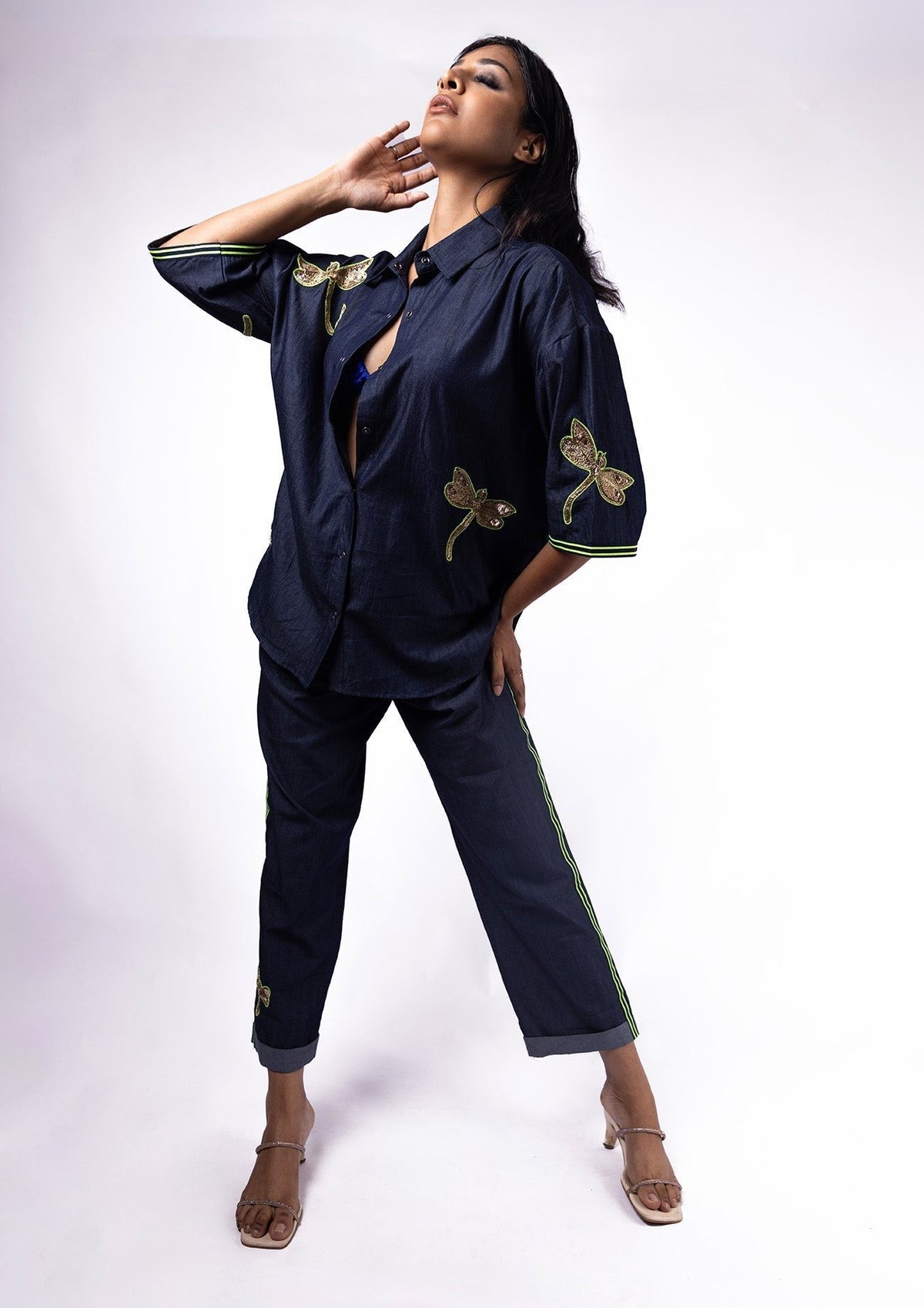 Blue Denim Oversized Fit Shirt with Embroidery