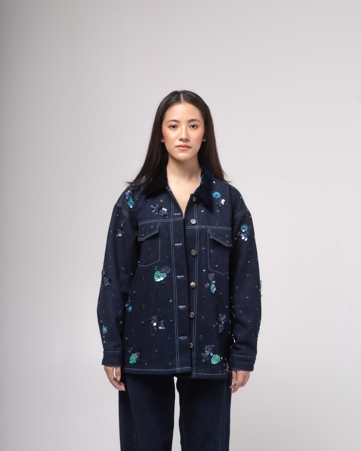Dark Blue Embellished Denim Jacket with Velvet Collar
