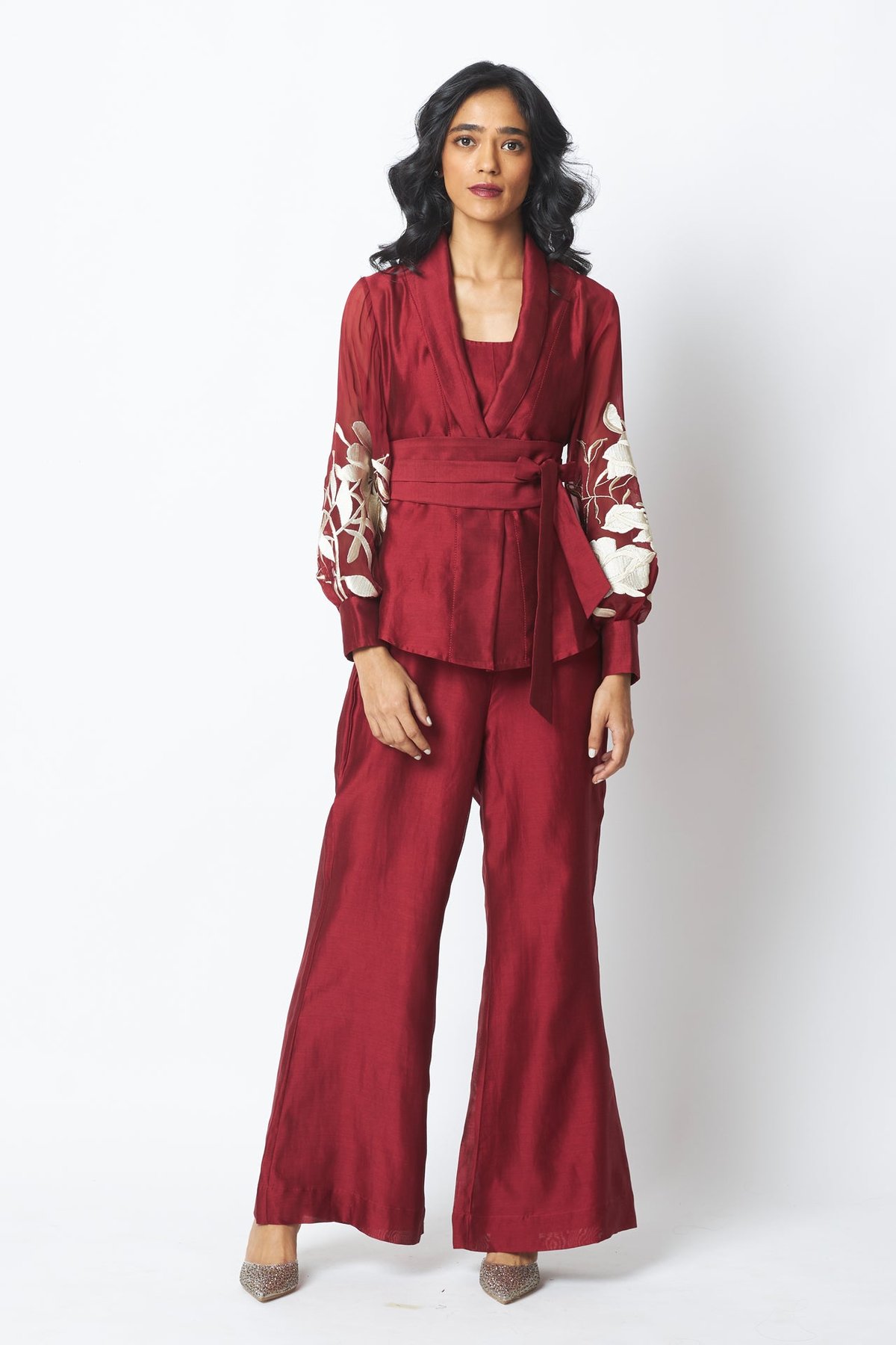 Burgundy Wrap Blazer Top and Wide-Leg Pants Co-ord Set
