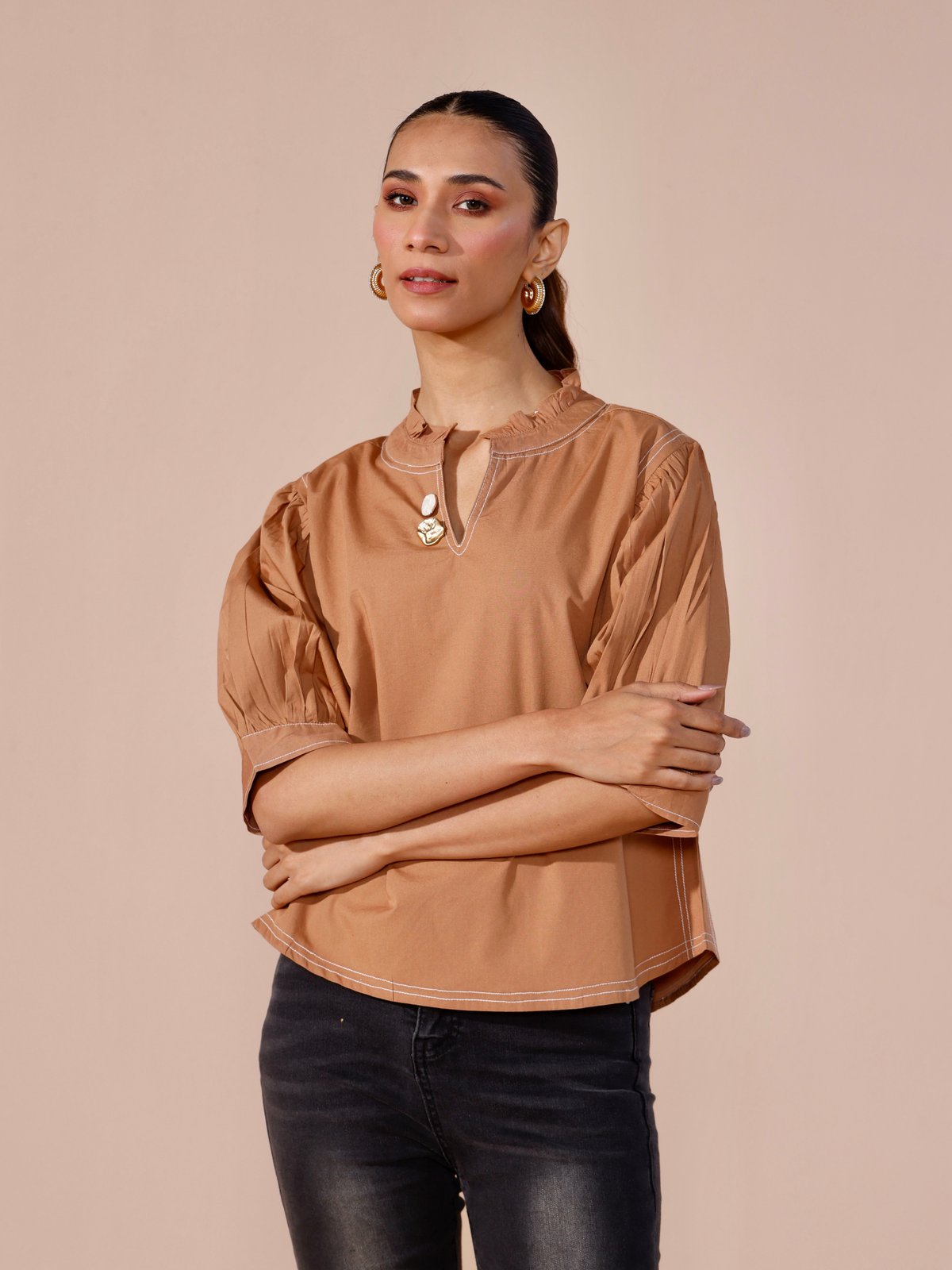 Mocha Cotton Poplin Puff Sleeve Top with Statement Buttons