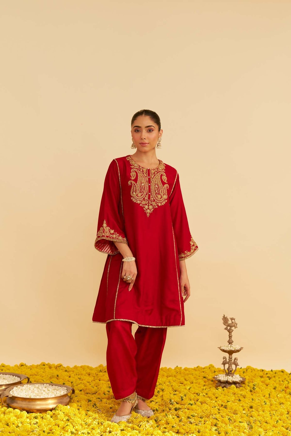 Deep Red Upada Silk Embroidered Kurta Set with Salwar