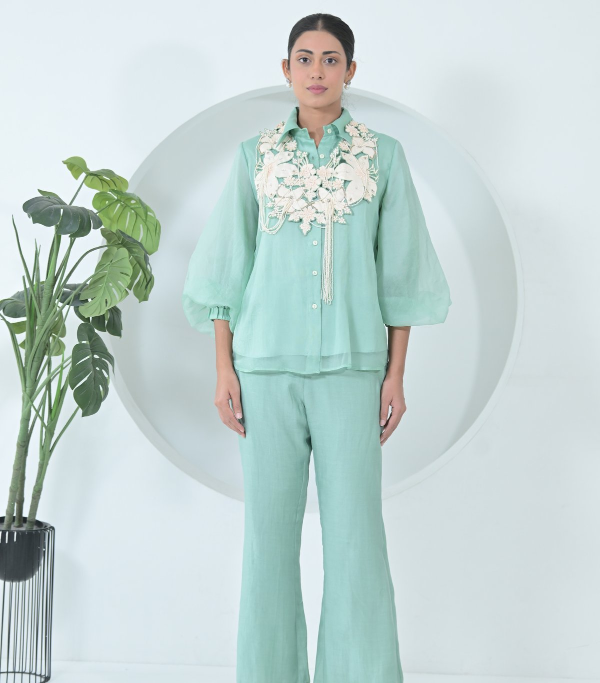 Ivory Garden Tassels Neckpiece With Organza Shirt Coord Set