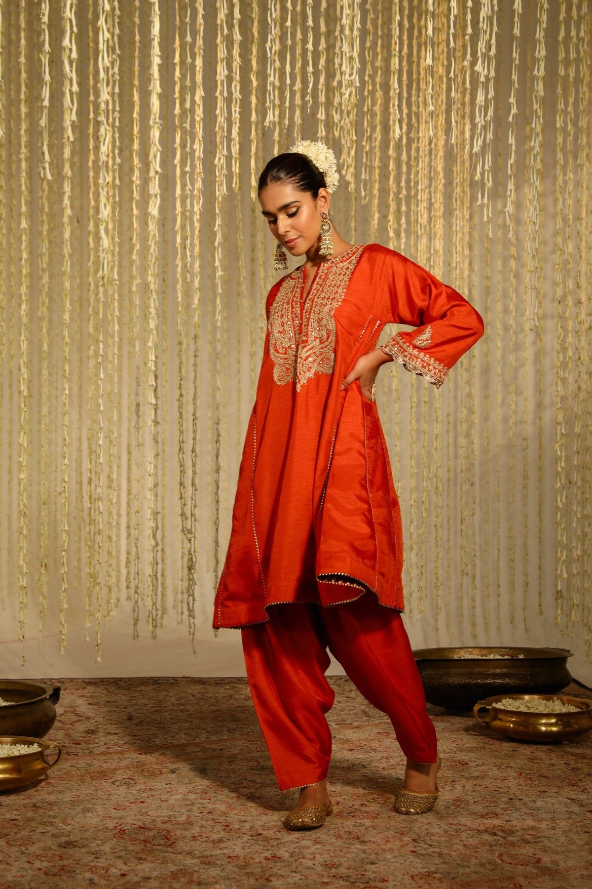 Burnt Orange Silk Dupion Embroidered Kurta Set with Salwar