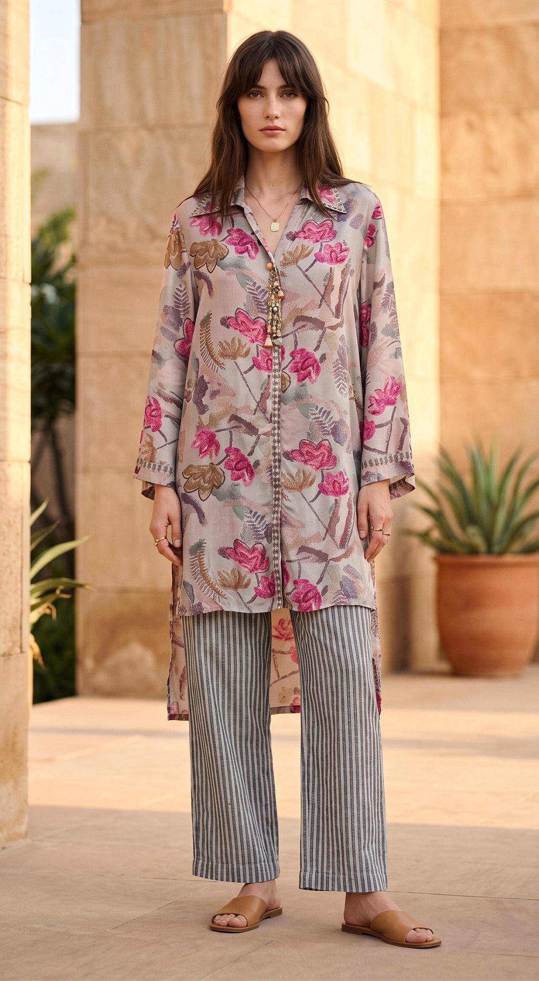 Grey Muslin Flora & Stripes Co-ord Set