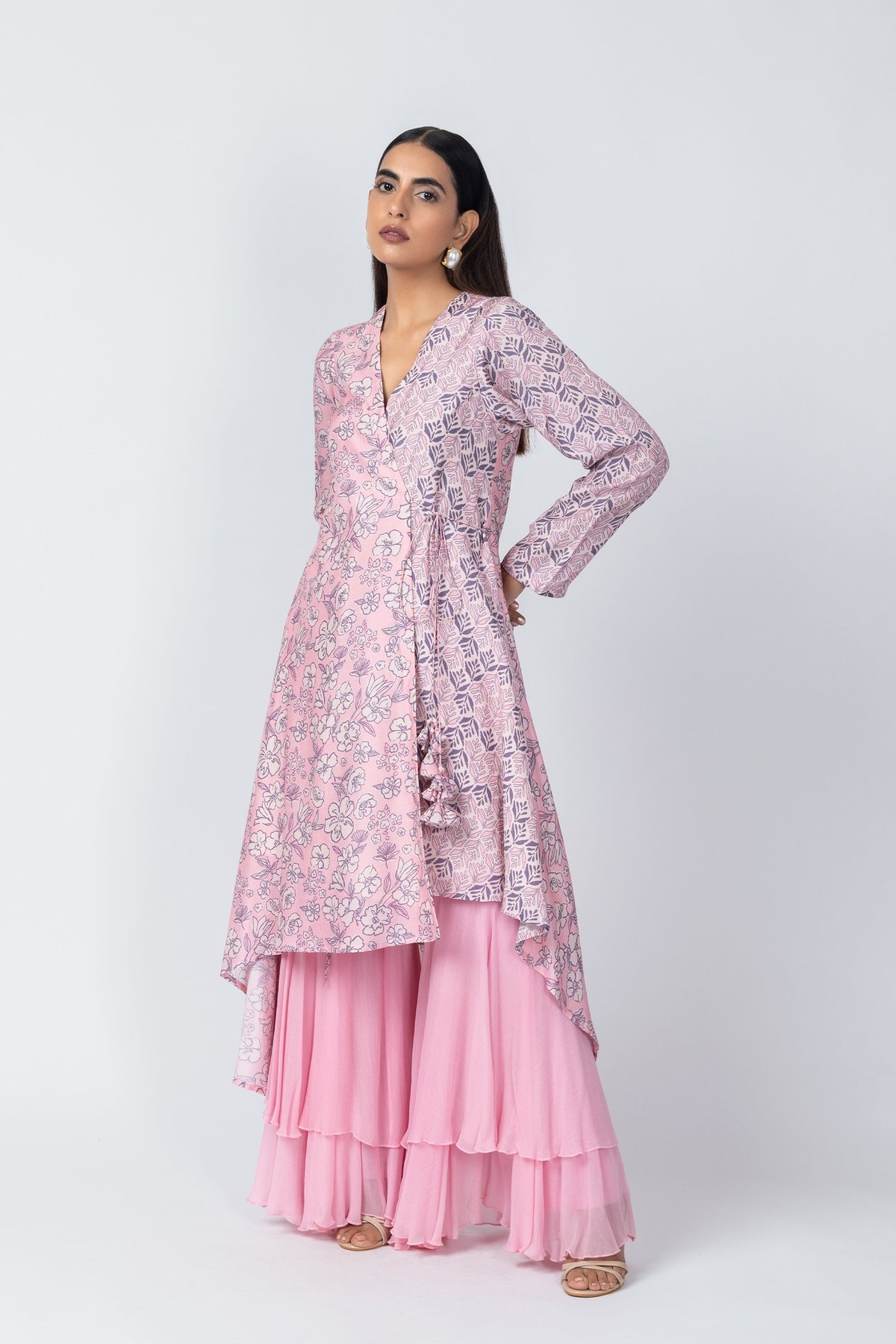 Pink Mixed-Print Wrap Kurta and Sharara Co-ord Set