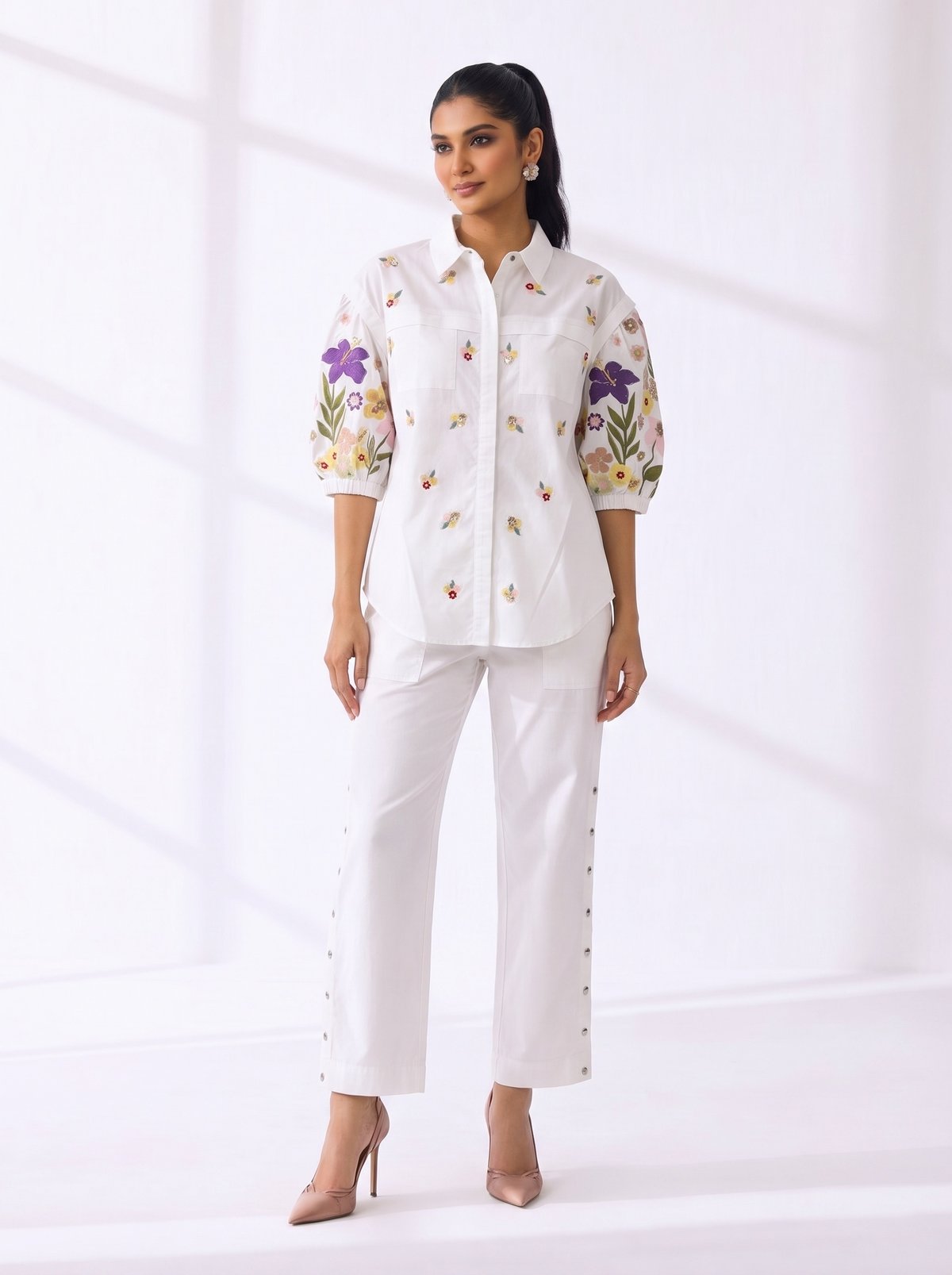 White Cotton Embroidered Shirt and Wide-Leg Pants Co-ord Set