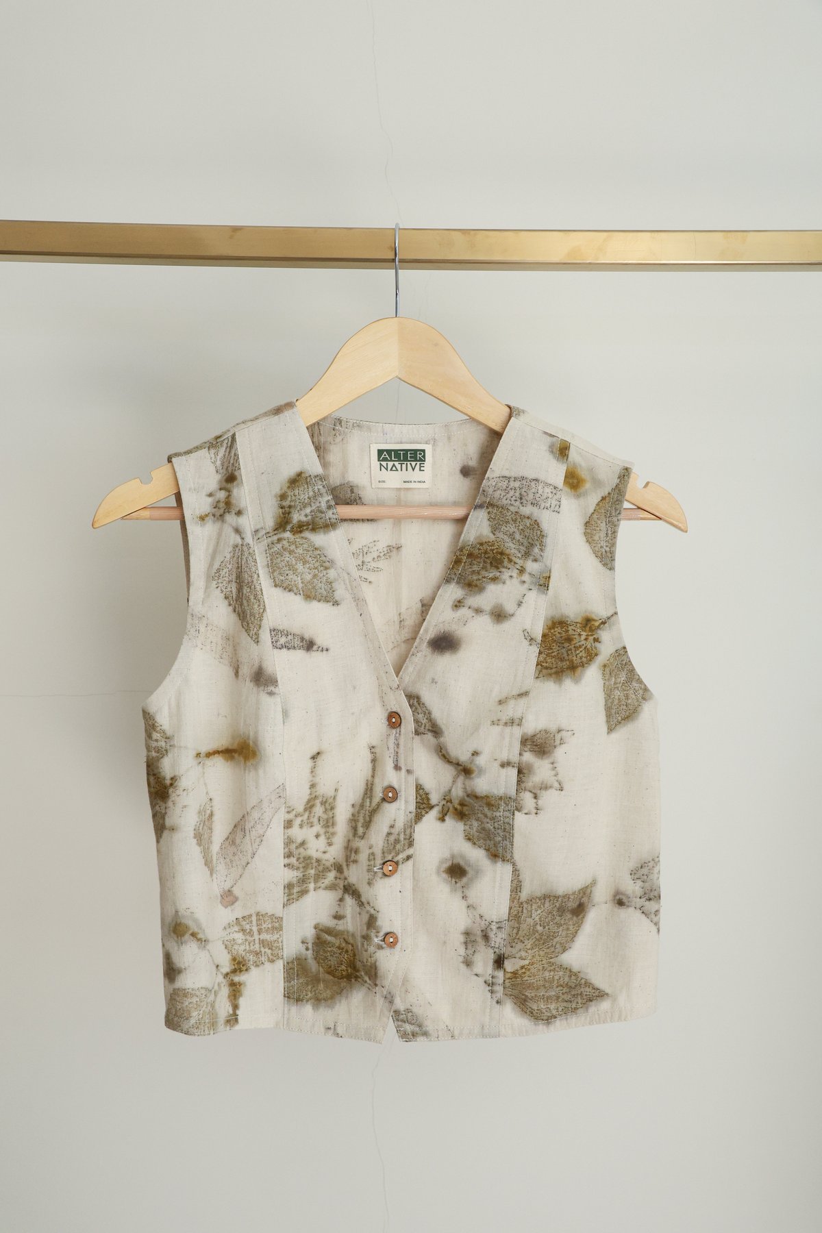 Beige Leaf Print Khadi Cotton Waistcoat