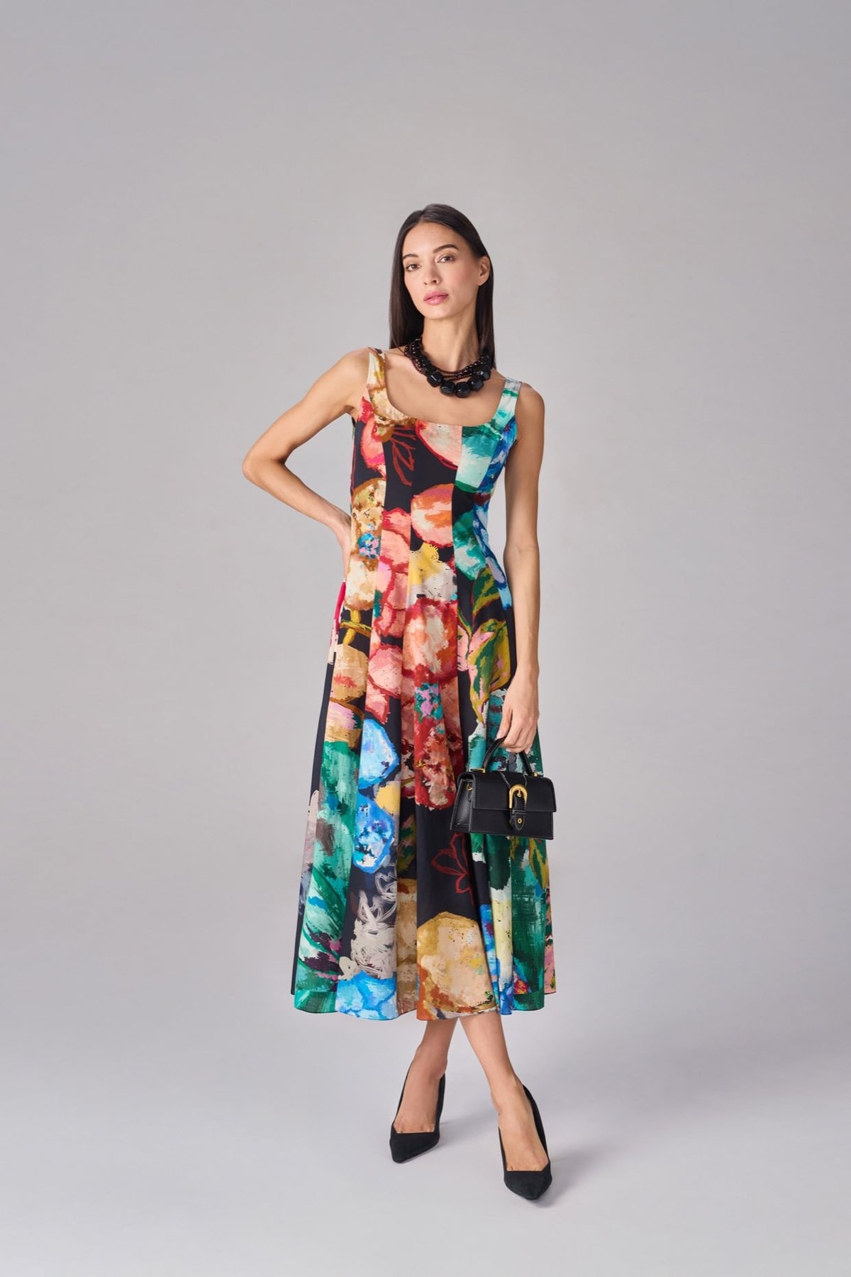 Multicolor Floral Fit and Flare Midi Dress