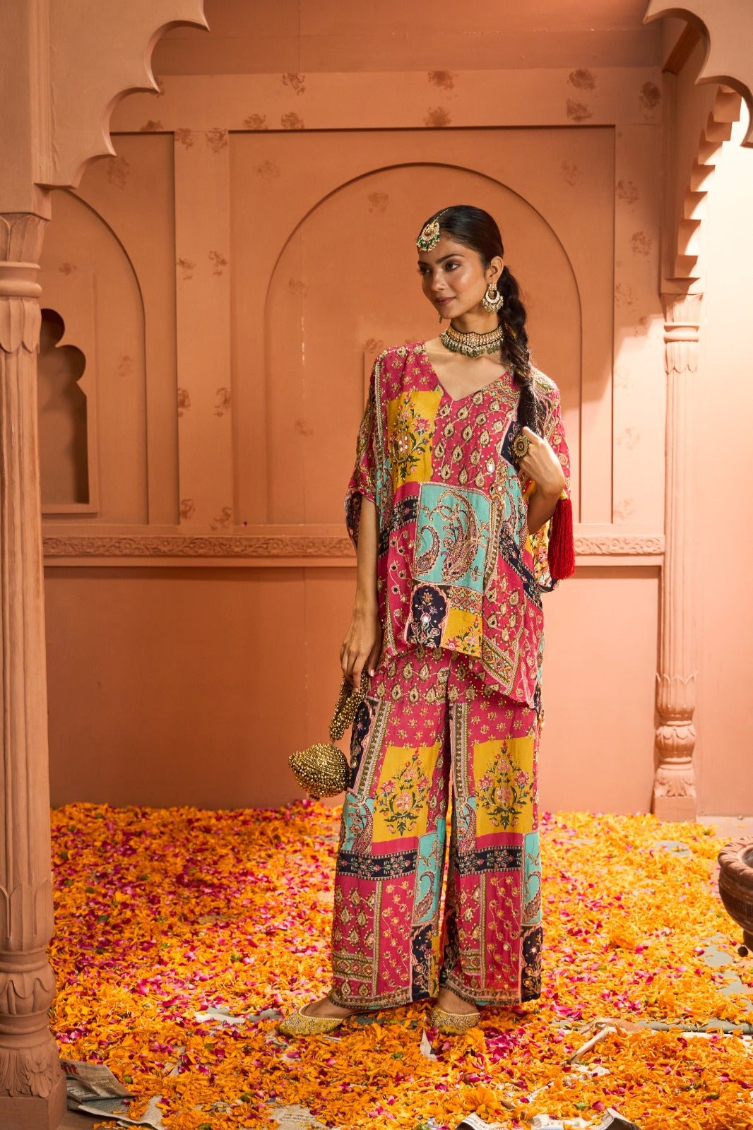 Multicolor Printed Kaftan Top and Wide-Leg Pants Co-ord Set