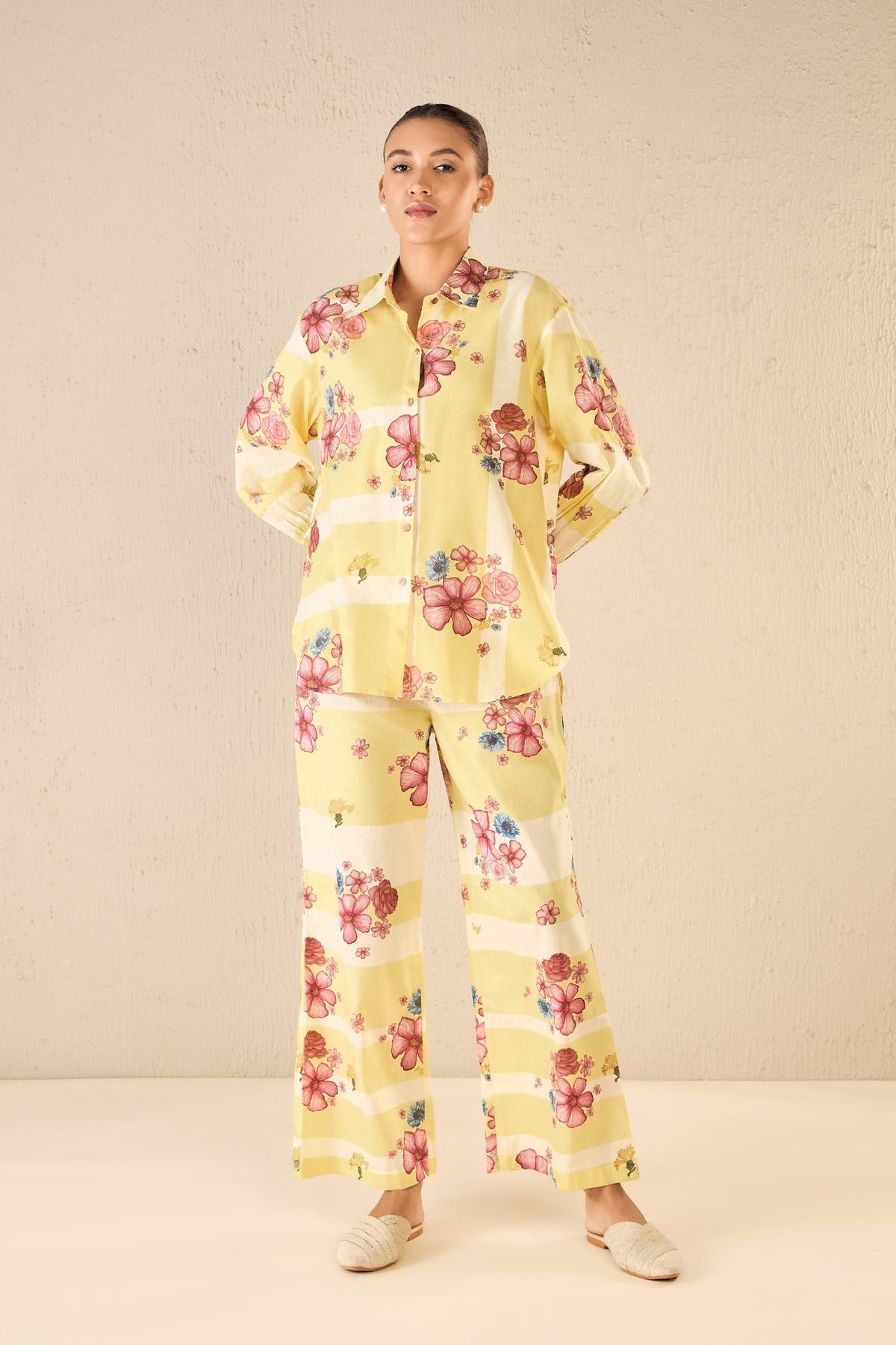 Floral Fusion: Yellow & White Stripe Print Shirt