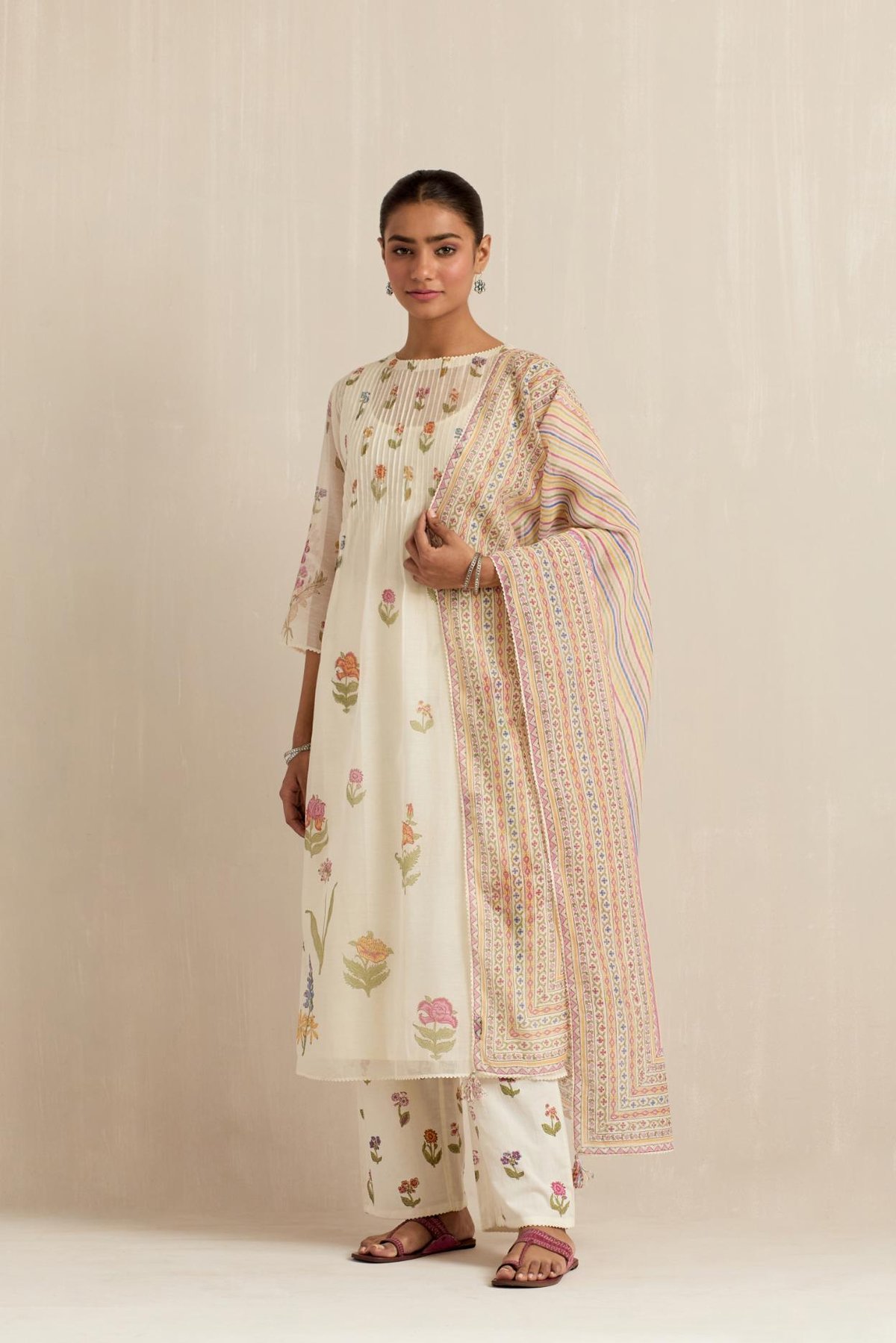 Off White Hand Block Printed Kurta Set