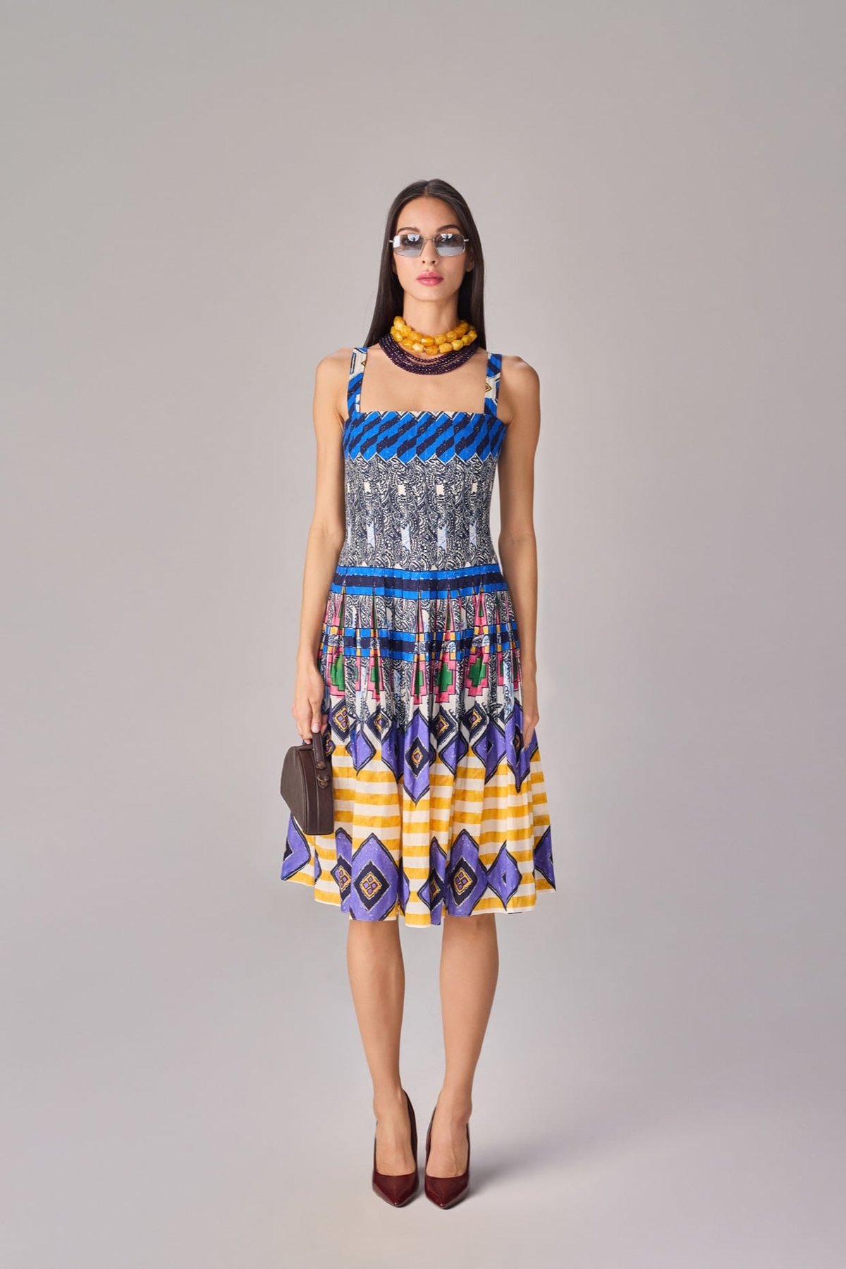 Abstract Print Square Neck Fit and Flare Midi Dress