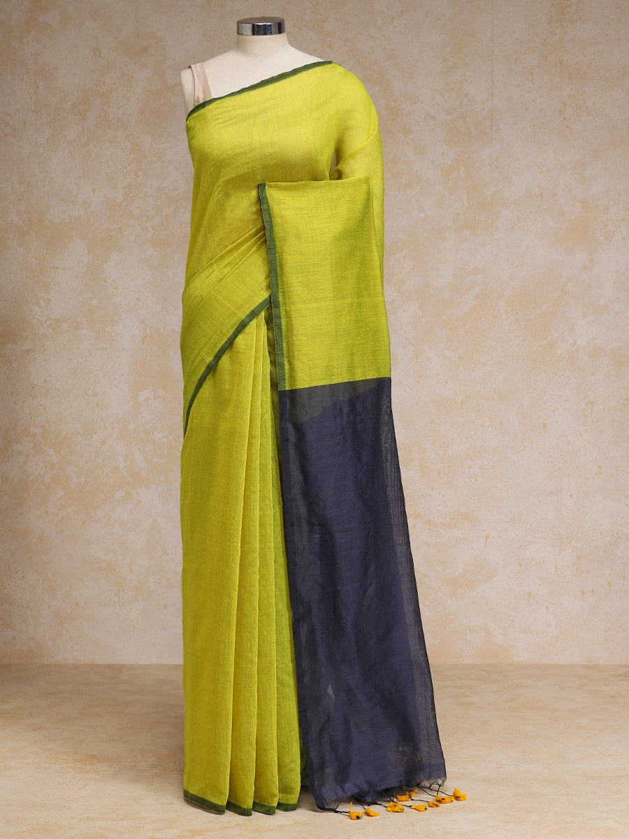 Lemon Yellow Cotton Saree Pallu Tassel Rozaana