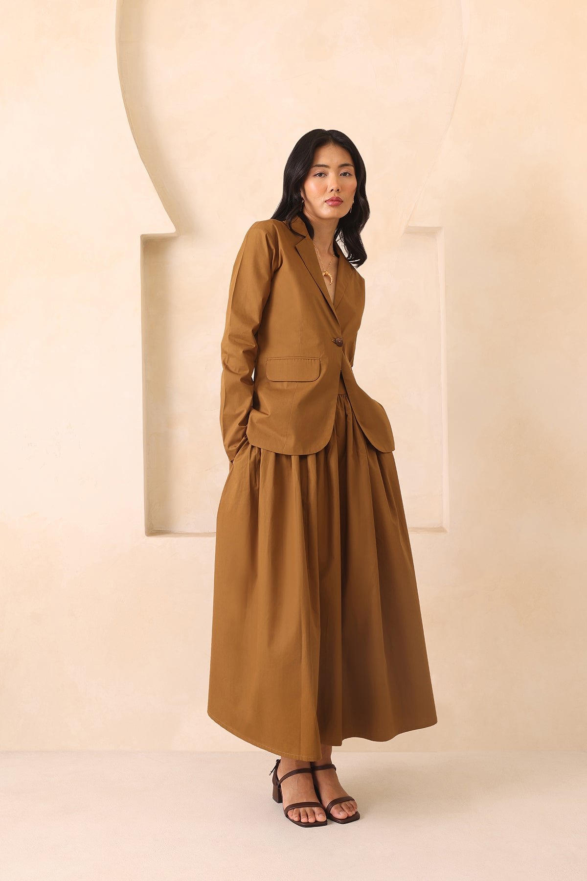 Golden Khaki Cotton Poplin Blazer and Maxi Skirt Co-ord Set