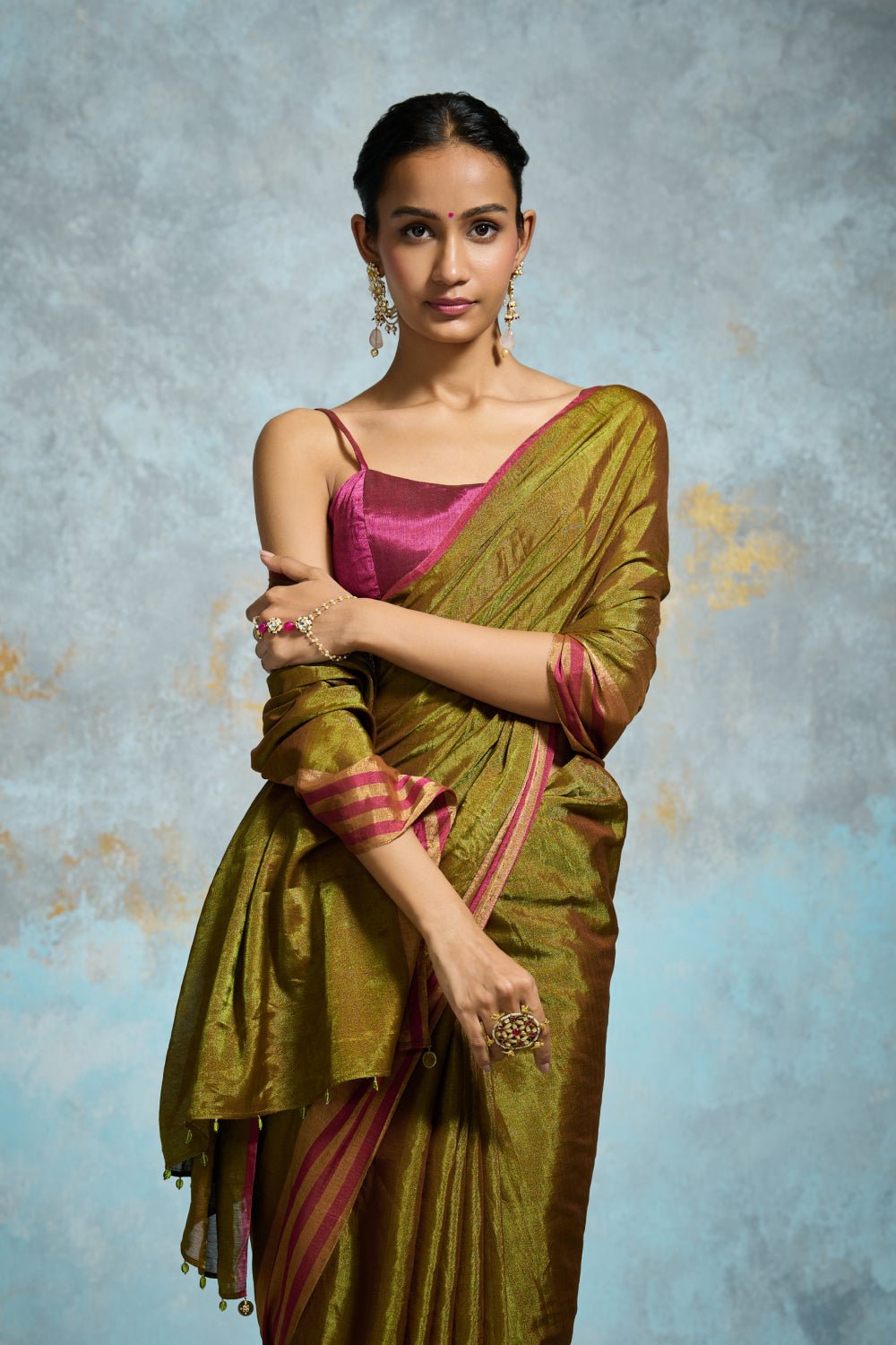 Metallic Green Tissue Saree with Magenta Stripe Border
