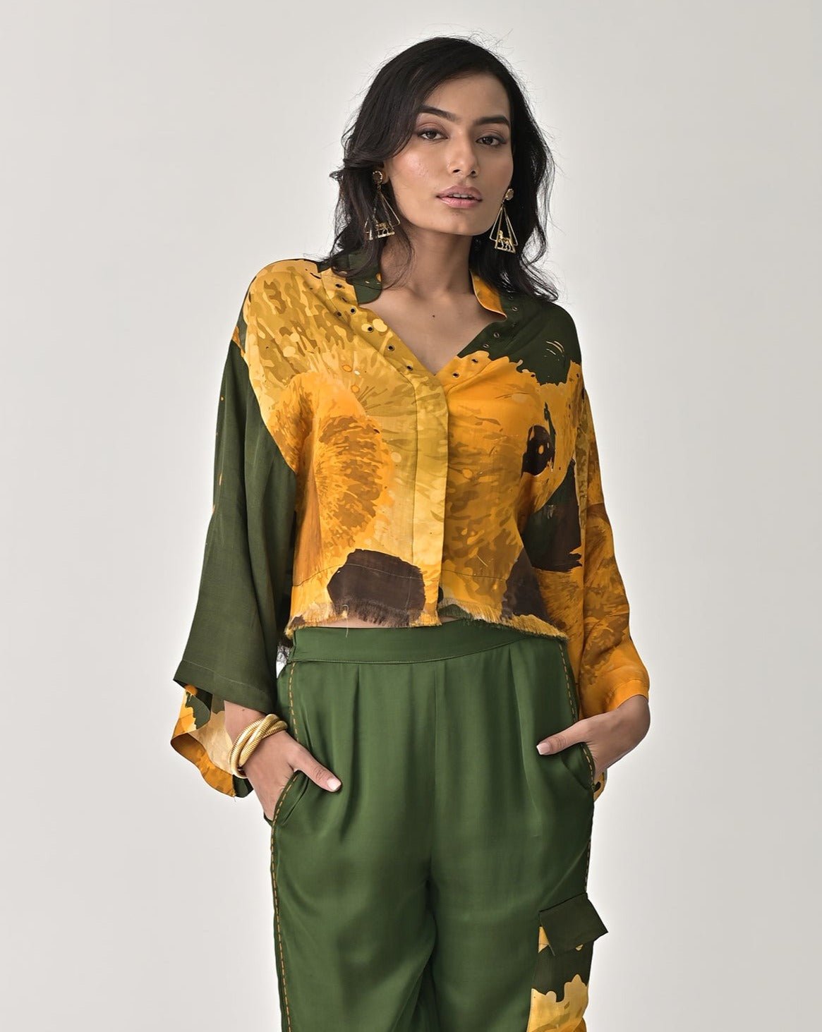 Mustard and Olive Abstract Printed Cropped Satin Shirt