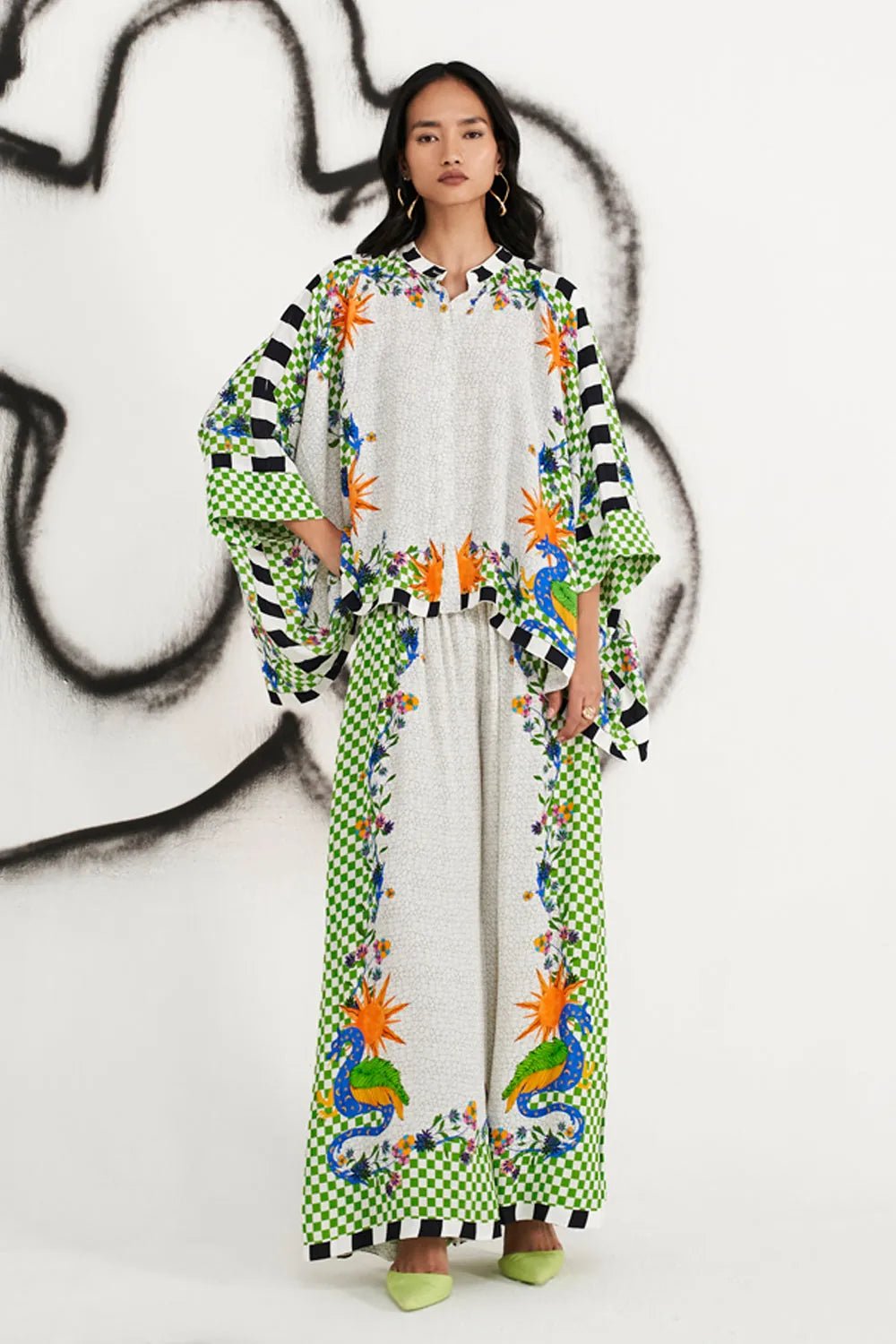 Ivory Printed Cape Top and Wide-Leg Pants Co-ord Set