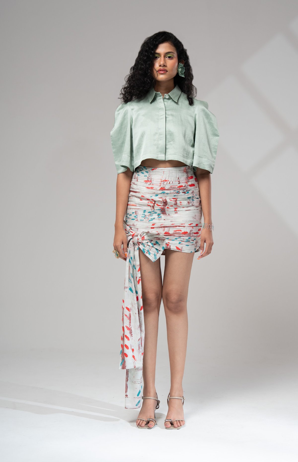 Mint Cropped Shirt and Printed Mini Skirt Co-ord Set