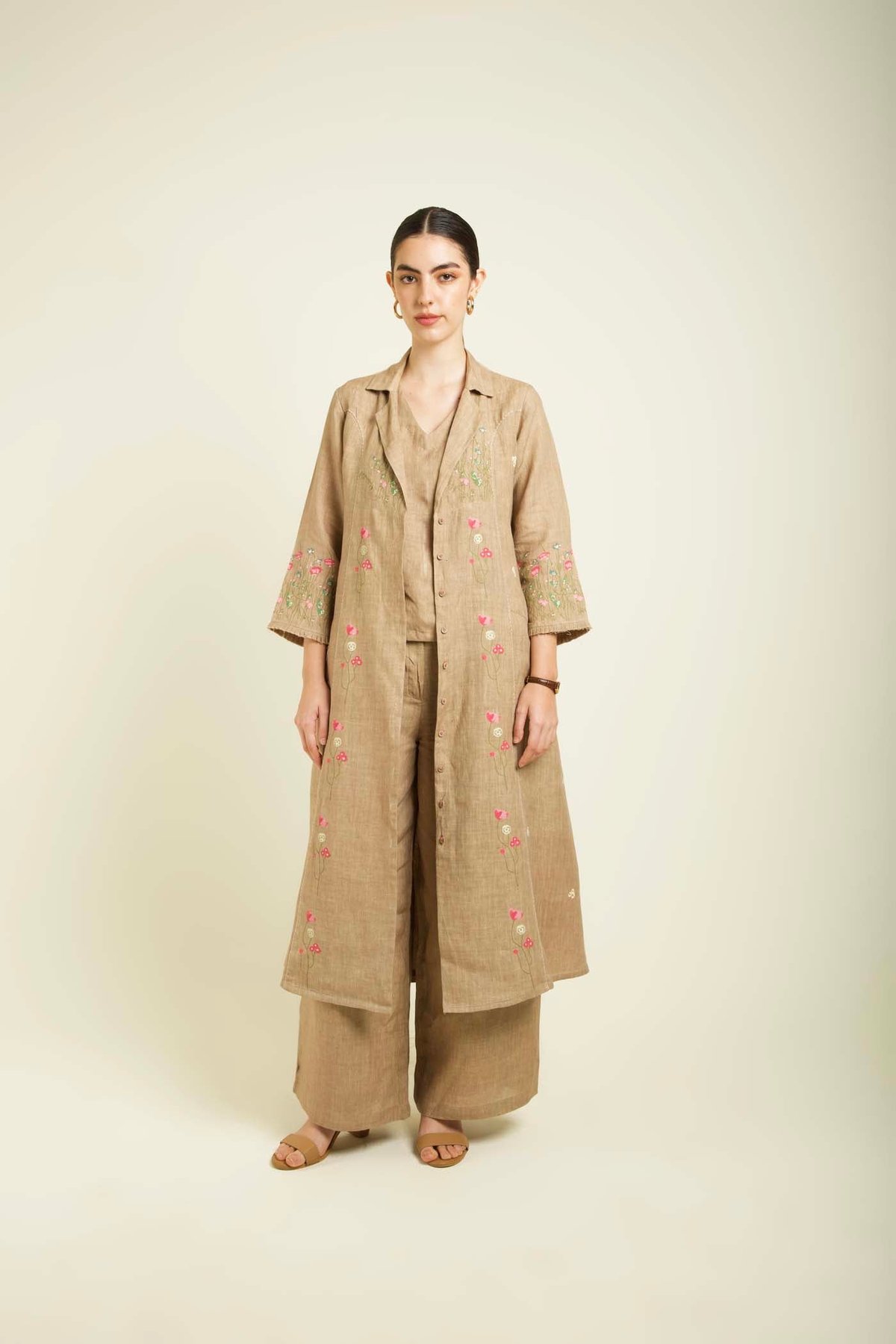 Beige Linen Jacket, Top and Wide-Leg Pants Co-ord Set