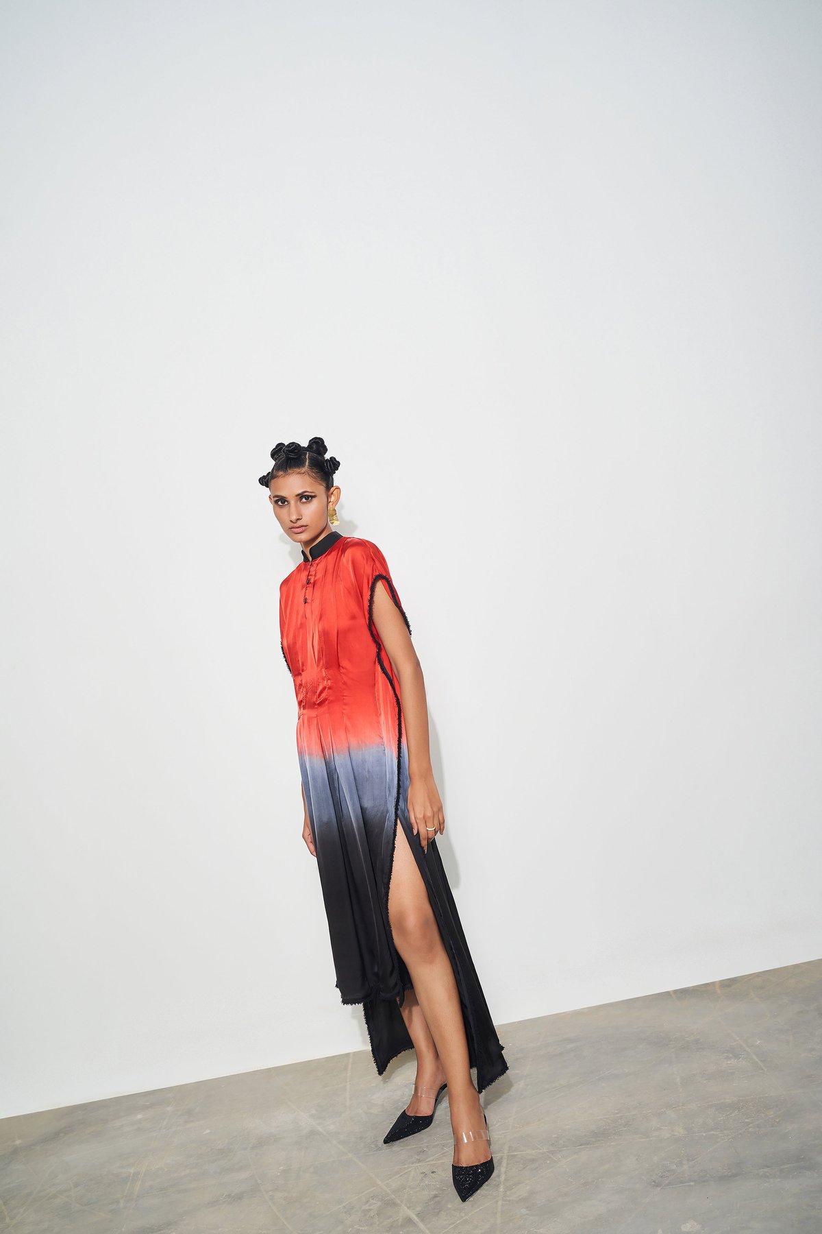 Red and Black Ombre Satin Kaftan with Button Placket