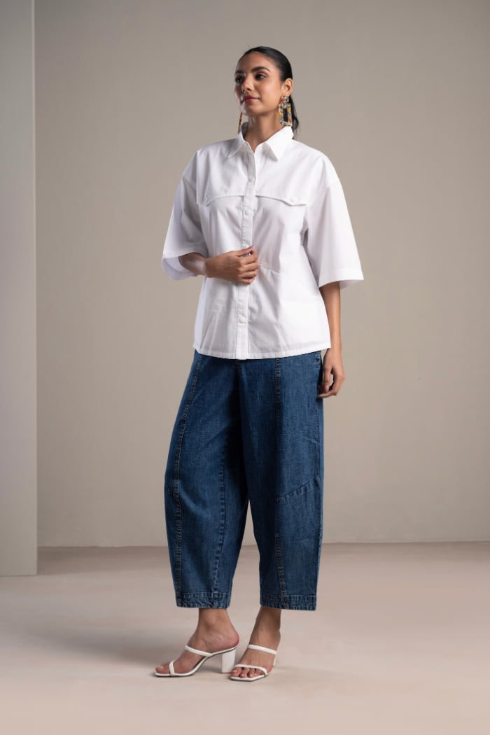 Blue and White Shirt and Denim Barrel Pants Co-ord Set