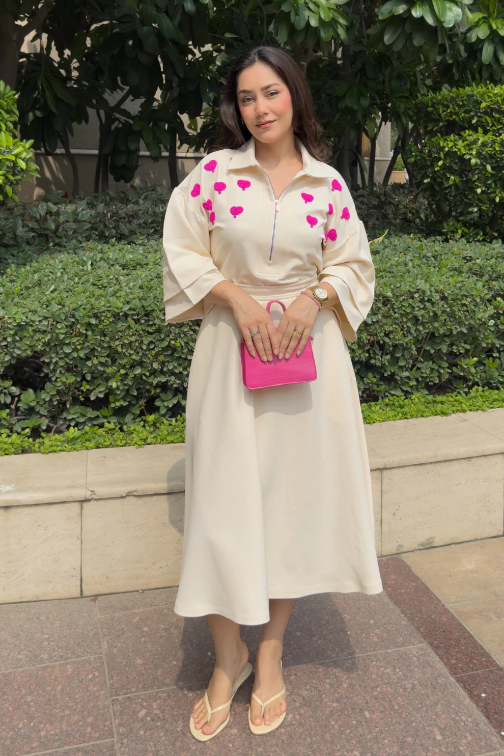 White Heart-Embroidered Top and Midi Skirt Co-ord Set