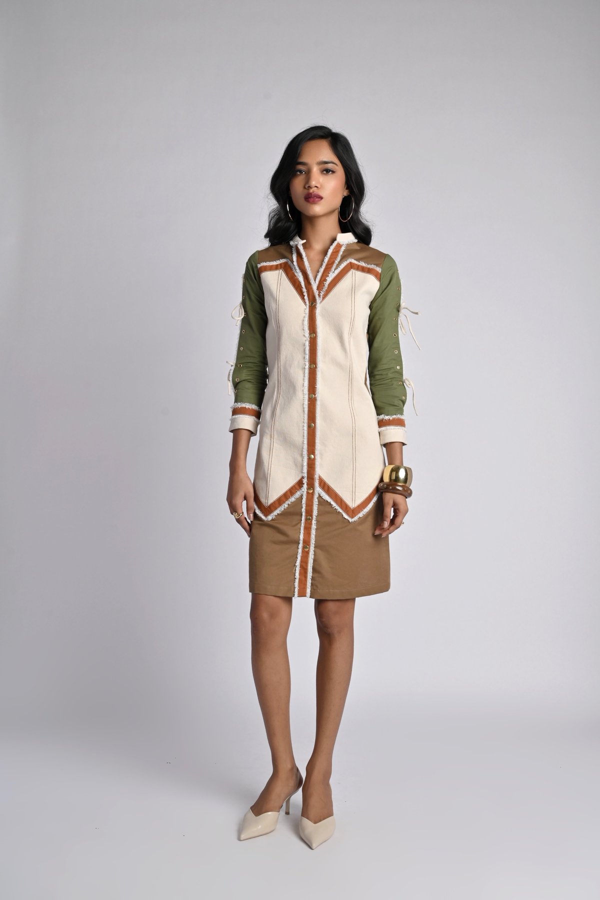 Olive Colorblocked Button-Down Knee-Length Shirt Dress