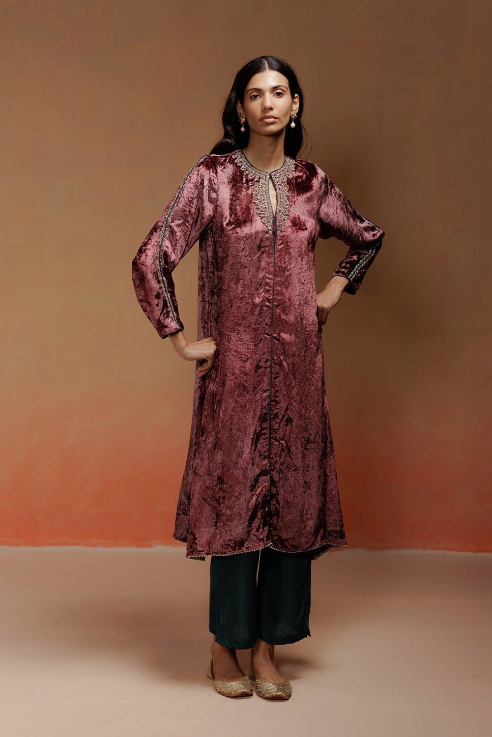 Wine Velvet Straight Kurta Set with Keyhole Neck