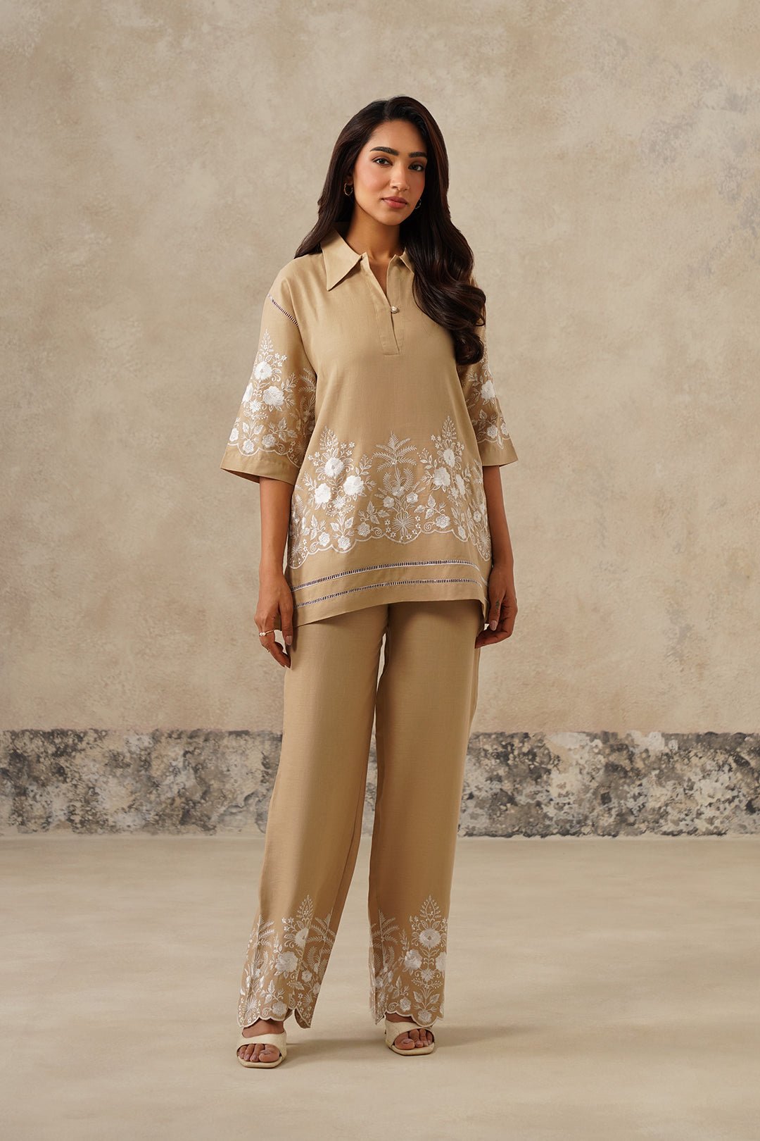 Naaz Beige Linen Embroidered Co-ord Set