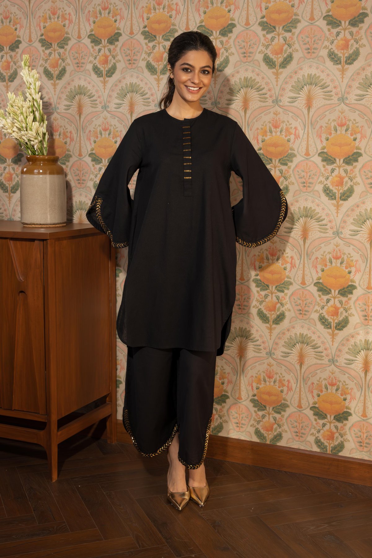 Black Linen Blend Straight Kurta and Pant Set