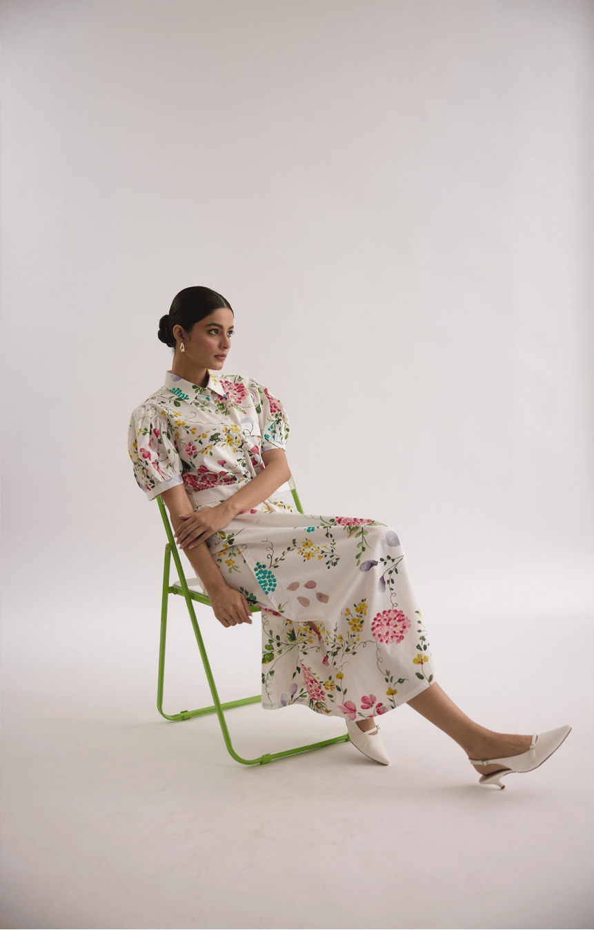 White Floral Printed Poplin Shirt Midi Dress with Belt