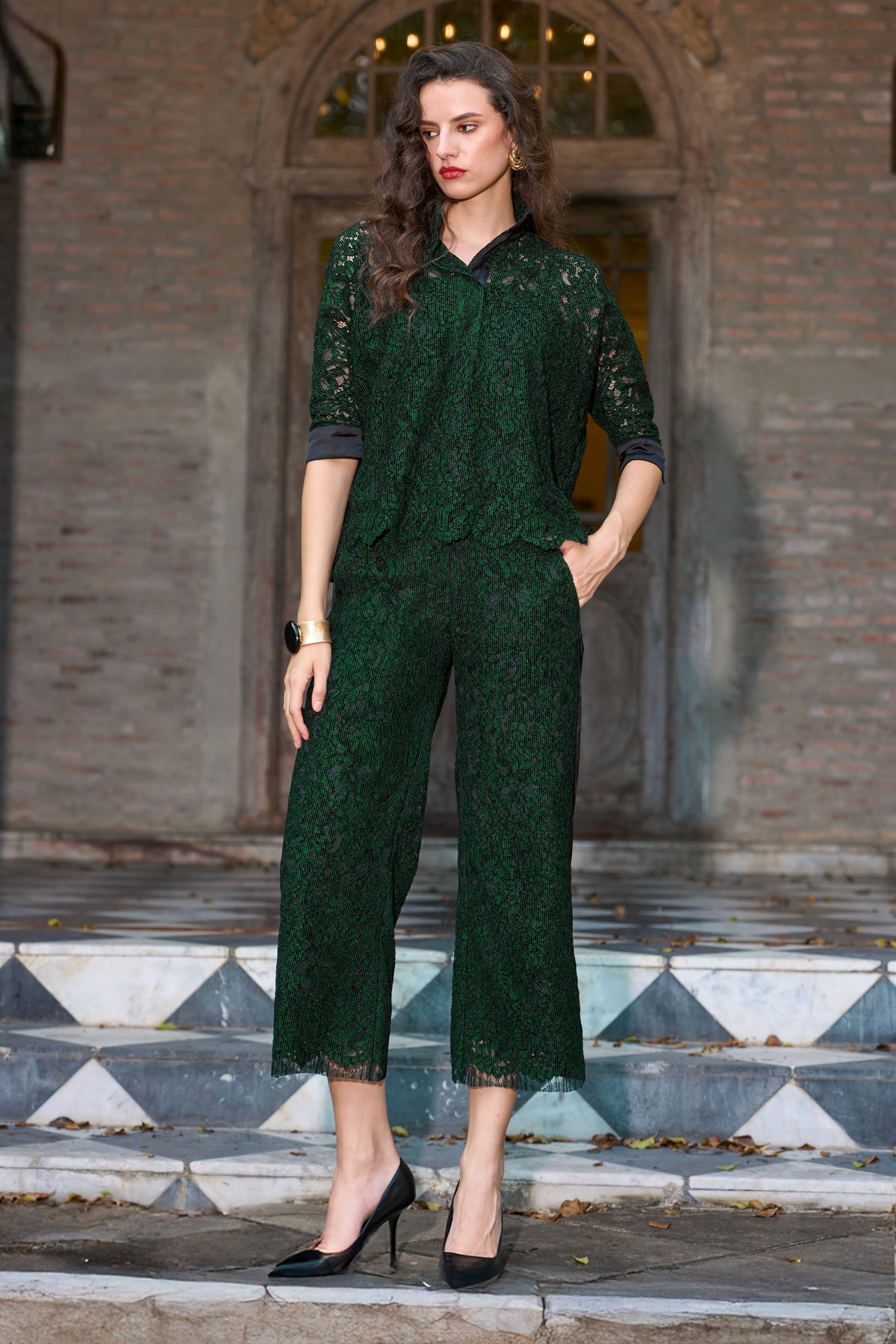 Emerald Lace Straight-Leg Pants with Black Side Panel