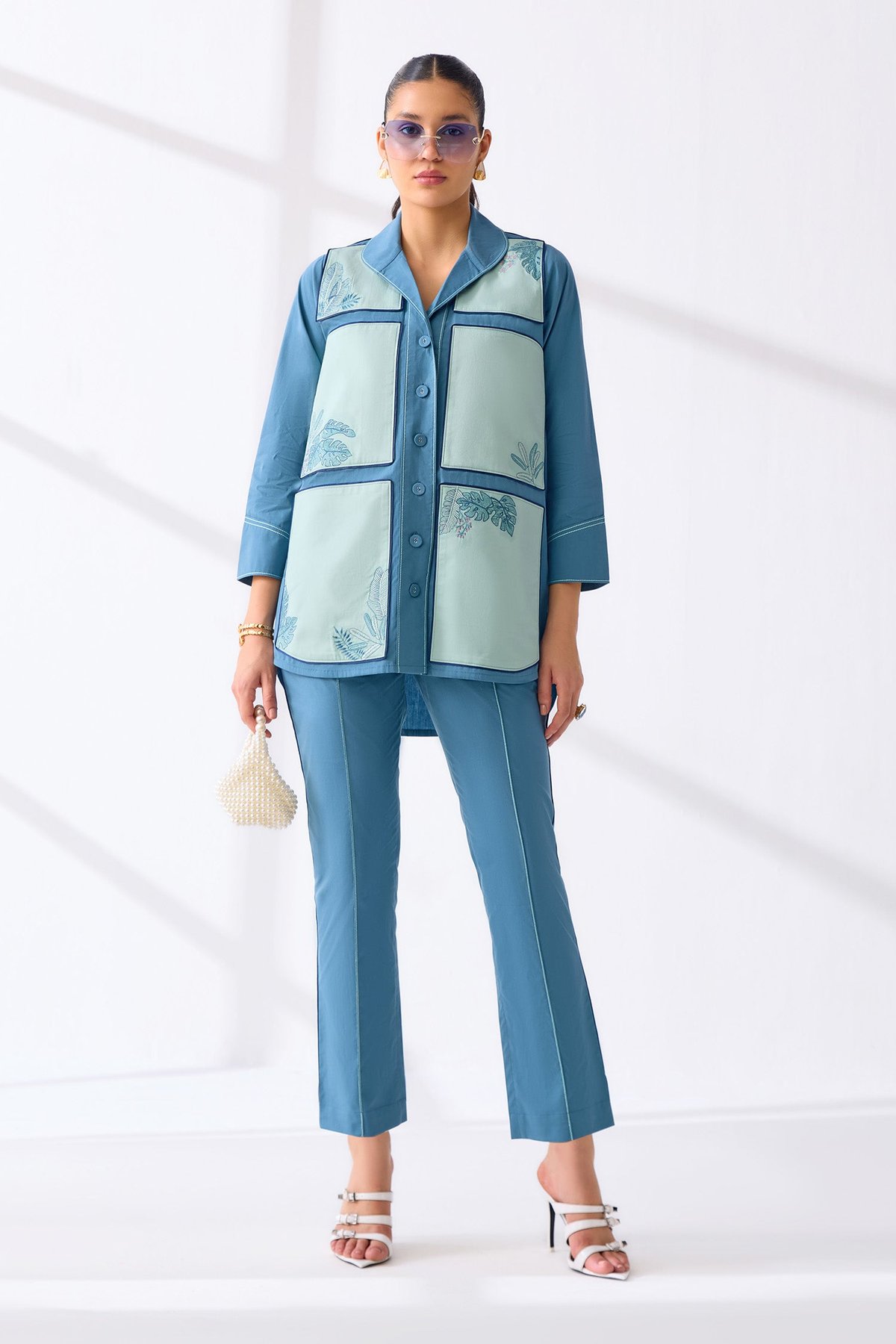 Sea Foam and Petrol Colorblocked Embroidered Longline Shirt