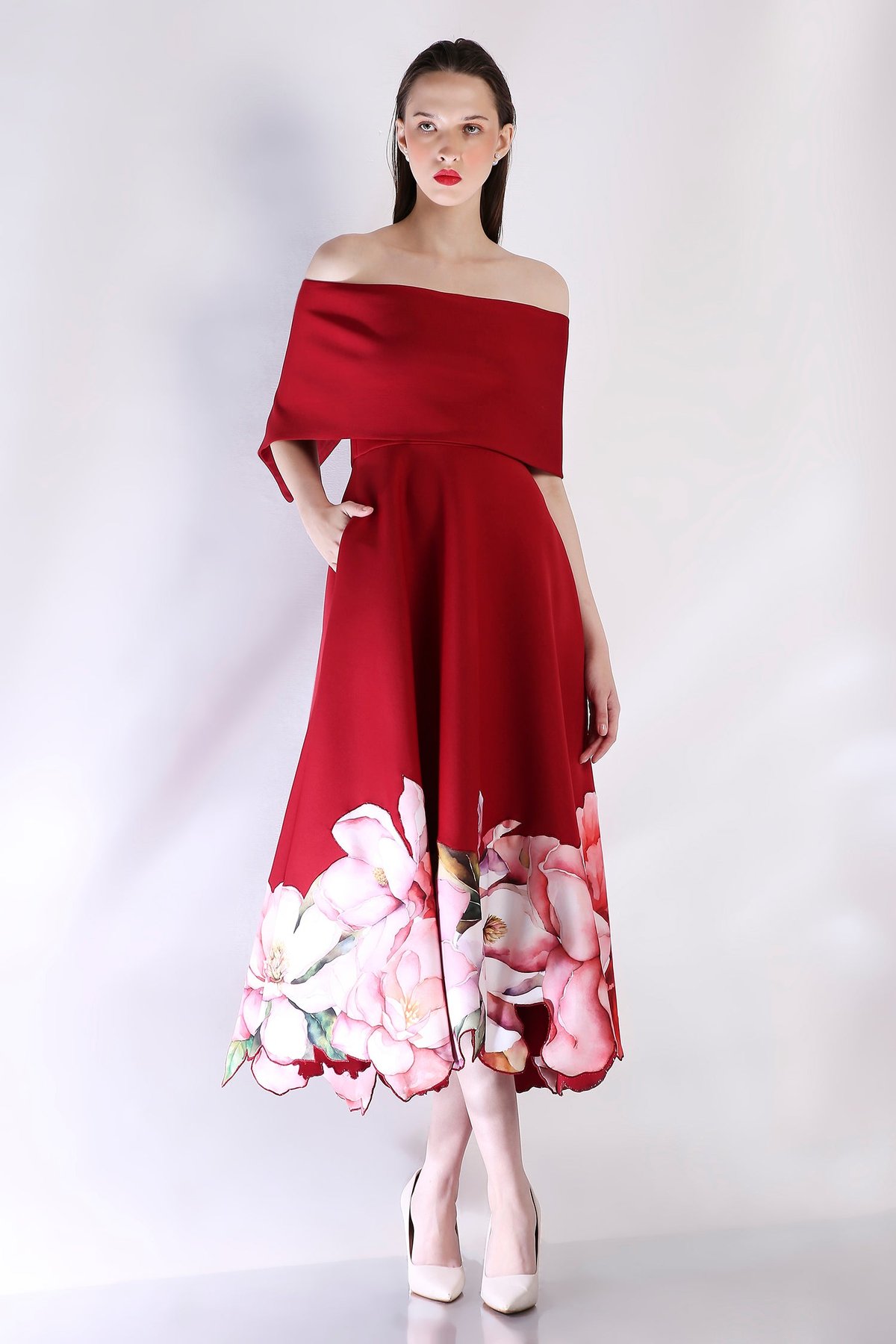 Deep Red Off-Shoulder Cape Wrap