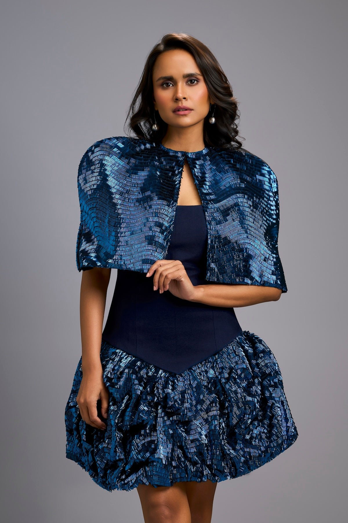 Strapless Dress With Voluminous Shimmer Skirt & Cape