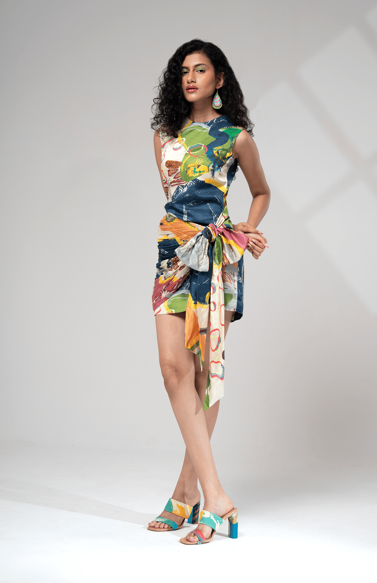 Multicolour Abstract Printed Tie-Up Mini Dress
