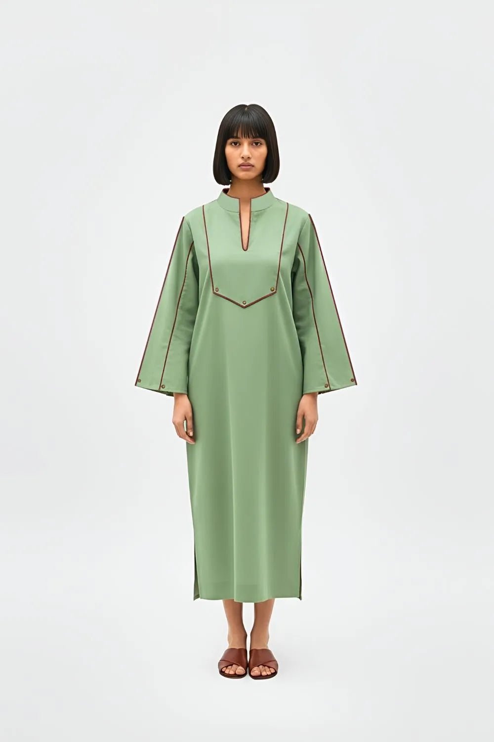 Asparagus Green Collared Midi Dress with Trumpet Sleeves