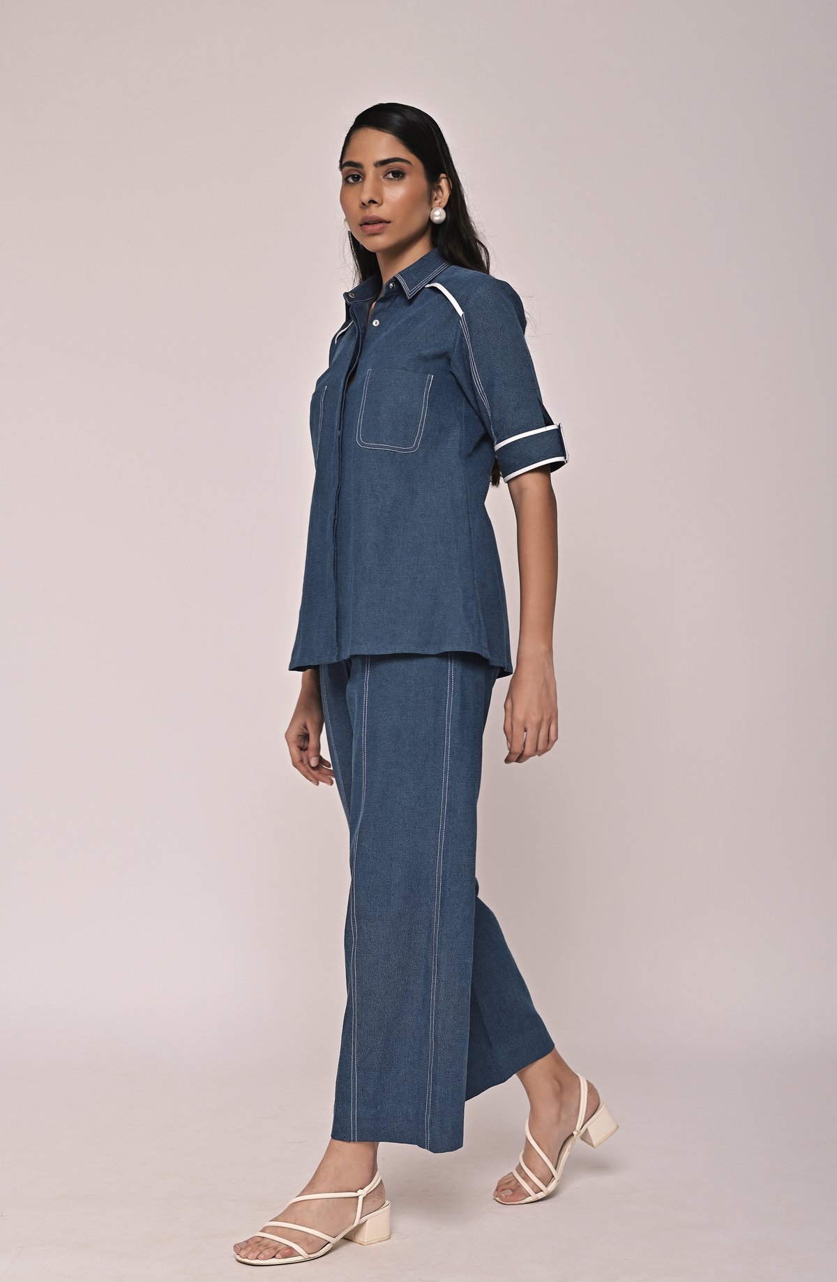 Denim Blue Shirt and Wide-Leg Pants Co-ord Set
