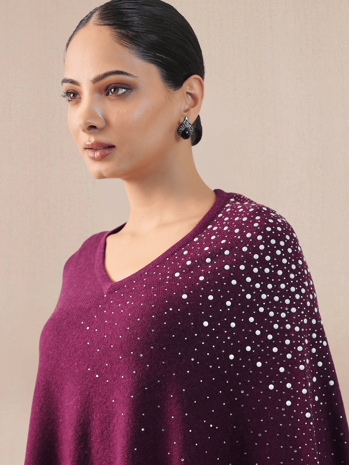 Purple Wool Cape Poncho with Pearl-Stud Shoulder Detail