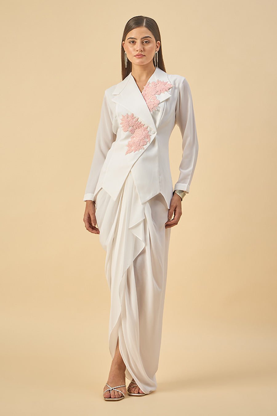 White Embriodered Blazer Dhoti Set
